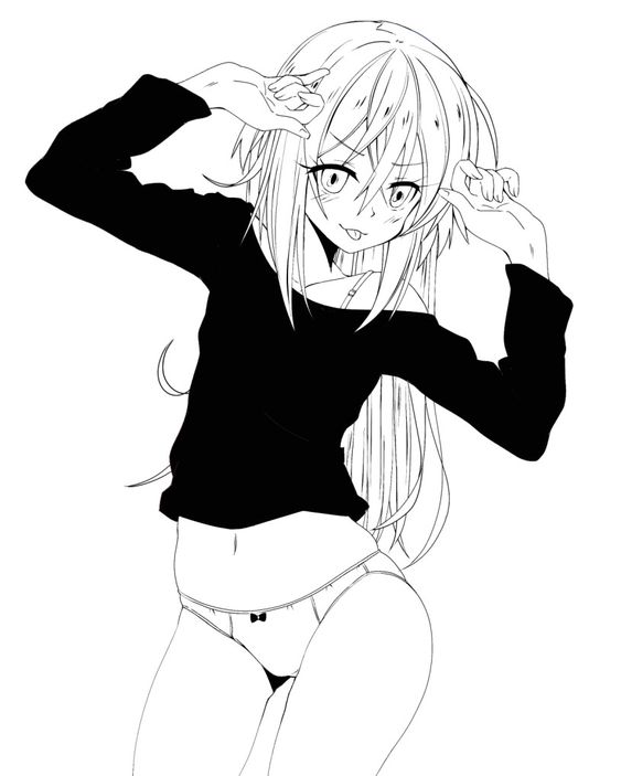 1other, ambiguous gender, androgynous, artist request, clothed, hands up, horny, long hair, monochrome, navel, panties, rimuru tempest, tagme, tensei shitara slime datta ken, tongue, tongue out, underwear