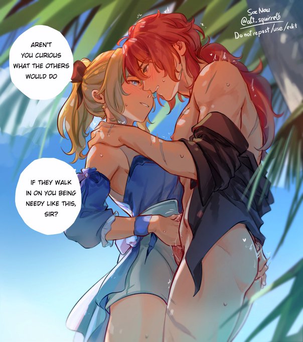 1boy 1girls anal_fingering artsquirrelb ass ass_grab assertive_female beach_sex blonde_female blue_eyes clothed_female_nude_male couple diluc_(genshin_impact) english_text female female_fingering_male finger_in_ass genshin_impact hand_on_another's_shoulder handjob heart highres jean_gunnhildr jean_gunnhildr_(sea_breeze_dandelion) light-skinned_female light_skin long_hair male_penetrating nipples nude outdoors penis ponytail public red_eyes red_hair shaking smile soc_nau socnau speech_bubble straight summer sweat sweaty