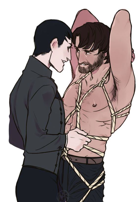 bondage bound corvo_attano male malesub partially_clothed smiling the_outsider yaoi