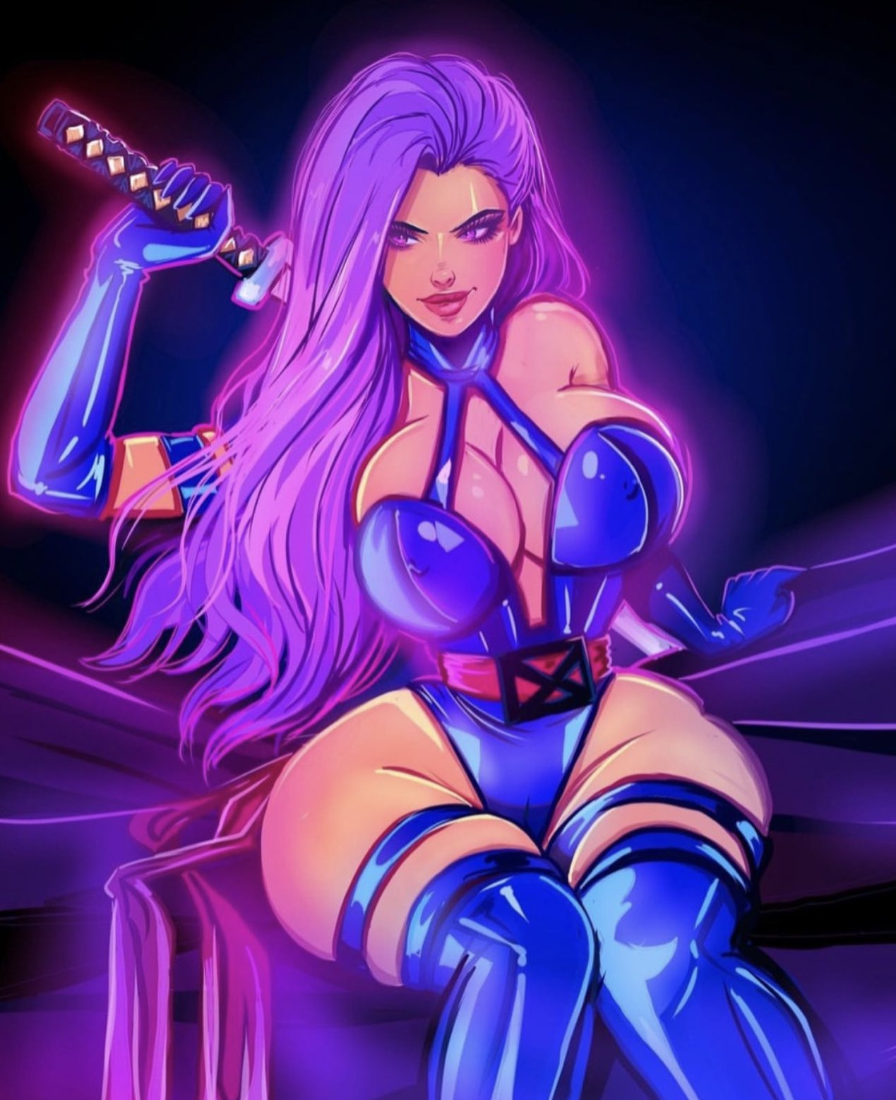 1girls belt_buckle betsy_braddock big_breasts big_thighs breasts bursting_breasts busty curvy elizabeth_braddock fat_thighs female female_only gloves hourglass_figure huge_thighs katana kwannon large_thighs light-skinned_female long_gloves long_hair marvel marvel_comics massive_thighs narrow_waist psylocke purple_eyes purple_hair slim_waist small_waist superhero superhero_costume superheroine theartofmathew thick_thighs thighs thunder_thighs tiny_waist voluptuous wide_hips x-men