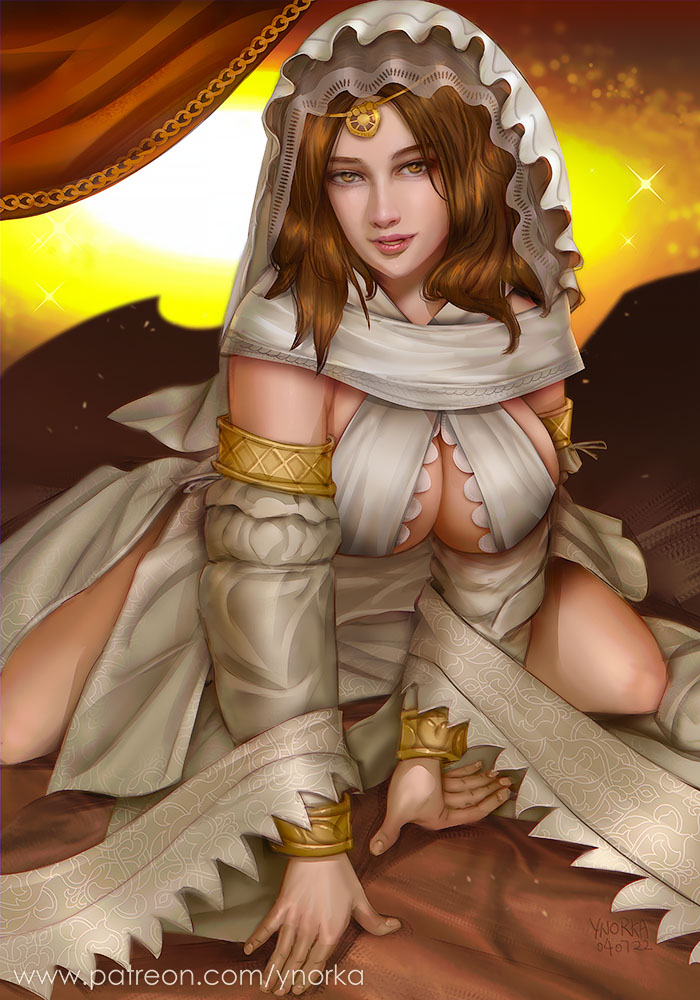 big_breasts brown_eyes brown_hair circlet cleavage dark_souls detached_sleeves female female_only fromsoftware goddess gold_(metal) headwear jewelry lace lace_trim looking_at_viewer medium_hair queen_of_sunlight_gwynevere sitting smile solo tiara veil ynorka