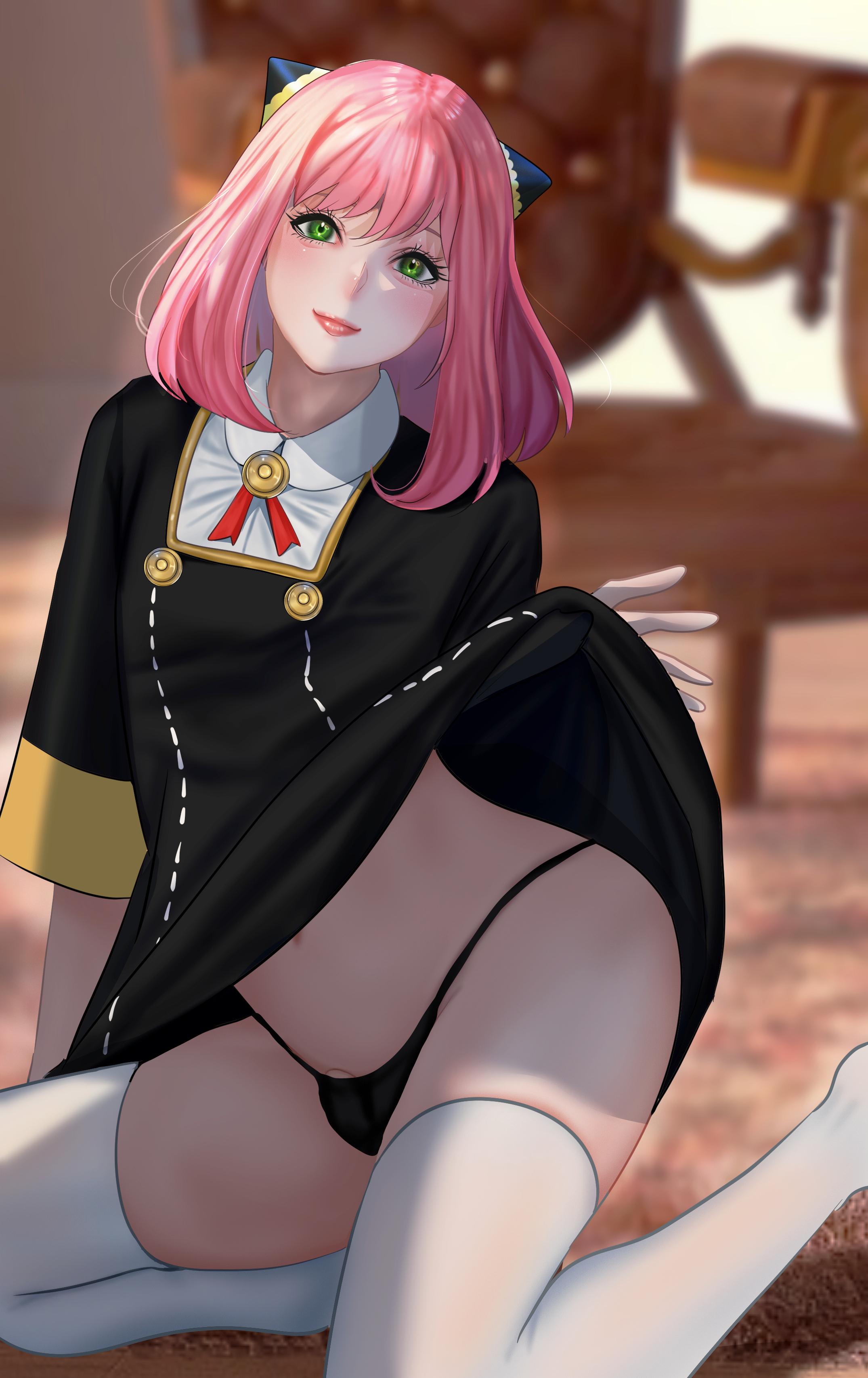 1boy, 9ierz, aged up, anya forger, blush, bulge, dress lift, eye contact, femboy, fully clothed, girly, green eyes, hair ornament, legwear, lips, looking at viewer, male, male only, otoko no ko, penis, pink hair, rule 63, short hair, solo, spy x family, thick thighs, thighhighs, thighs, thong, white panties