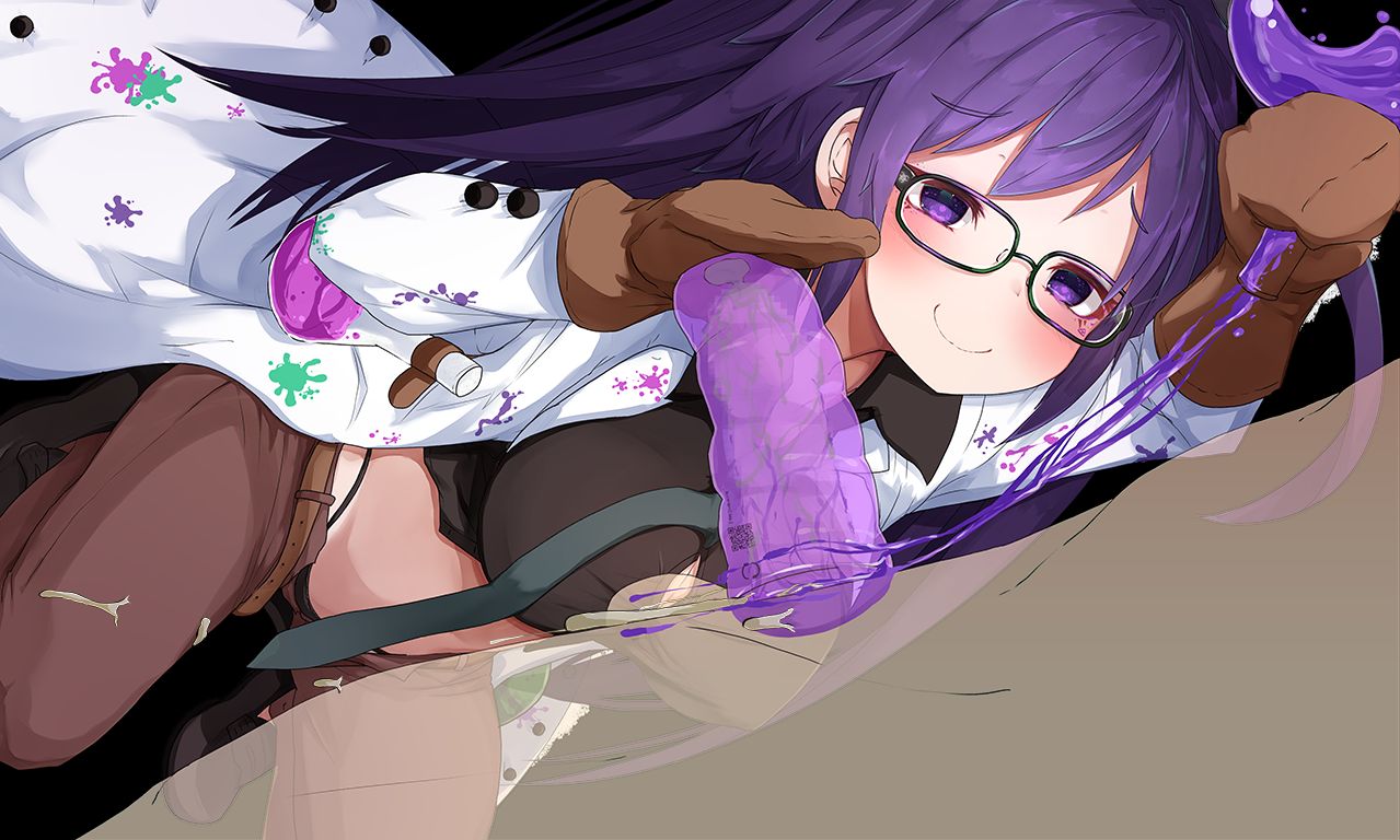 1girls belt big_breasts black_panties breasts cum eyebrows_visible_through_hair fuyube_rion glasses handjob handjob_w/sex_toy panties purple_eyes purple_hair rai_e_ru shiki_(psychedelic_g2) succubus_academia tomohiro_kai usuki98