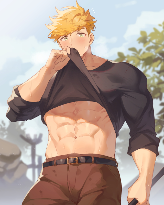 1boy abs bara big_pecs blonde_hair green_eyes haozz looking_at_viewer male male_only muscular shirt_lift sweat