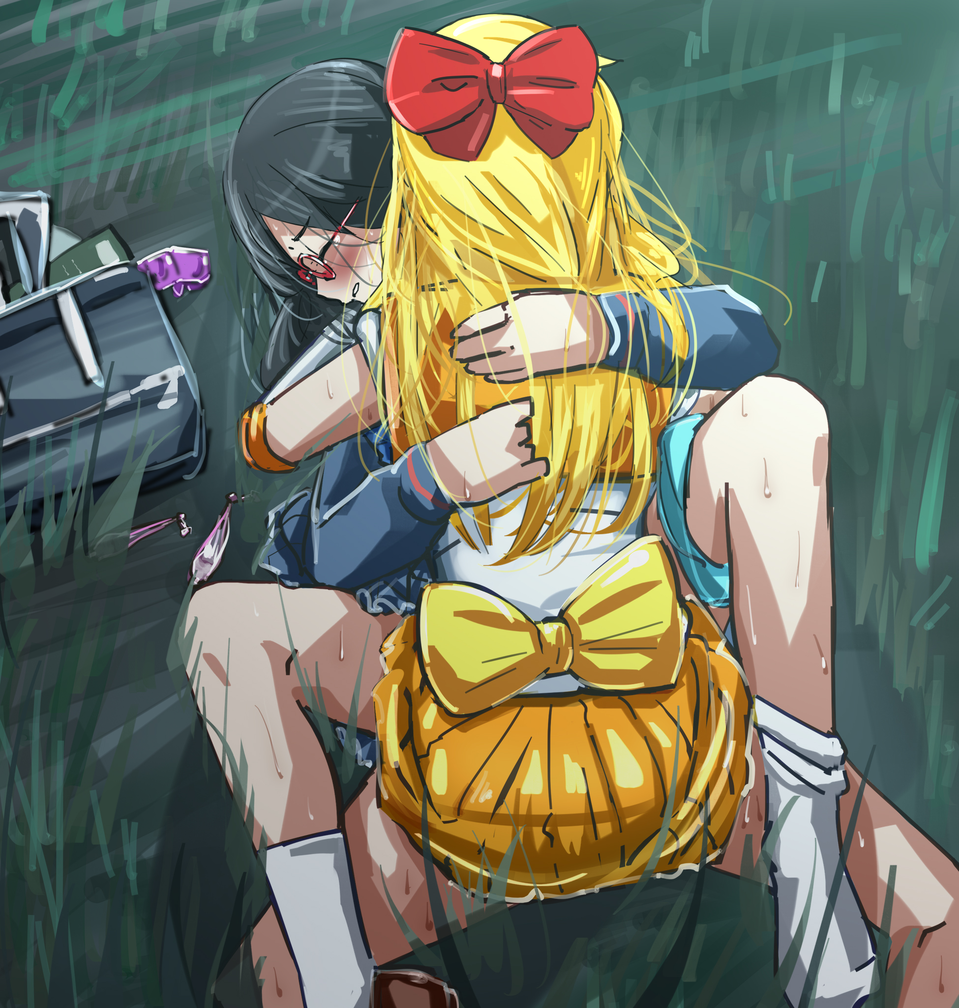 1futa, 1girls, bag, bishoujo senshi sailor moon, black hair, blonde hair, blush, bow, clenched teeth, closed eyes, clothed, clothed sex, clothing, color, condom, duo, female, futa on female, futanari, glasses, grass, hugging, human, implied futa, intersex, light skin, light-skinned female, light-skinned futa, long hair, minako aino, missionary, missionary position, mostly clothed, on back, outdoors, outside, panties, panties aside, raitaroo, ribbon, sailor venus, sex, skirt, sleeves, socks, student, uniform