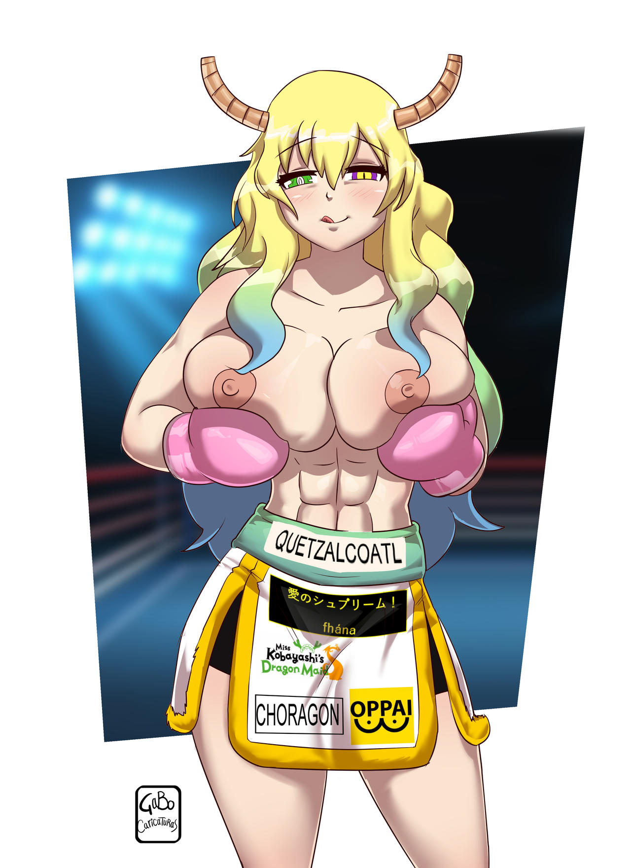 1girls abs areola areolae artist_name athletic athletic_female big_breasts boxer boxing boxing_gloves boxing_ring boxing_skirt breasts commission dragon_girl eyebrows eyebrows_visible_through_hair eyelashes eyes female fit fit_female fitness gabocaricaturas gloves hair half-closed_eyes heterochromia hips holding_breasts huge_breasts humanoid large_breasts legs licking_lips light-skinned_female light_skin lips long_hair looking_at_viewer miss_kobayashi's_dragon_maid nipples pink_boxing_gloves pink_gloves quetzalcoatl_(dragon_maid) thick thick_hips thick_legs thick_thighs thighs toned toned_body toned_female topless topless_boxing voluptuous watermark wide_hips