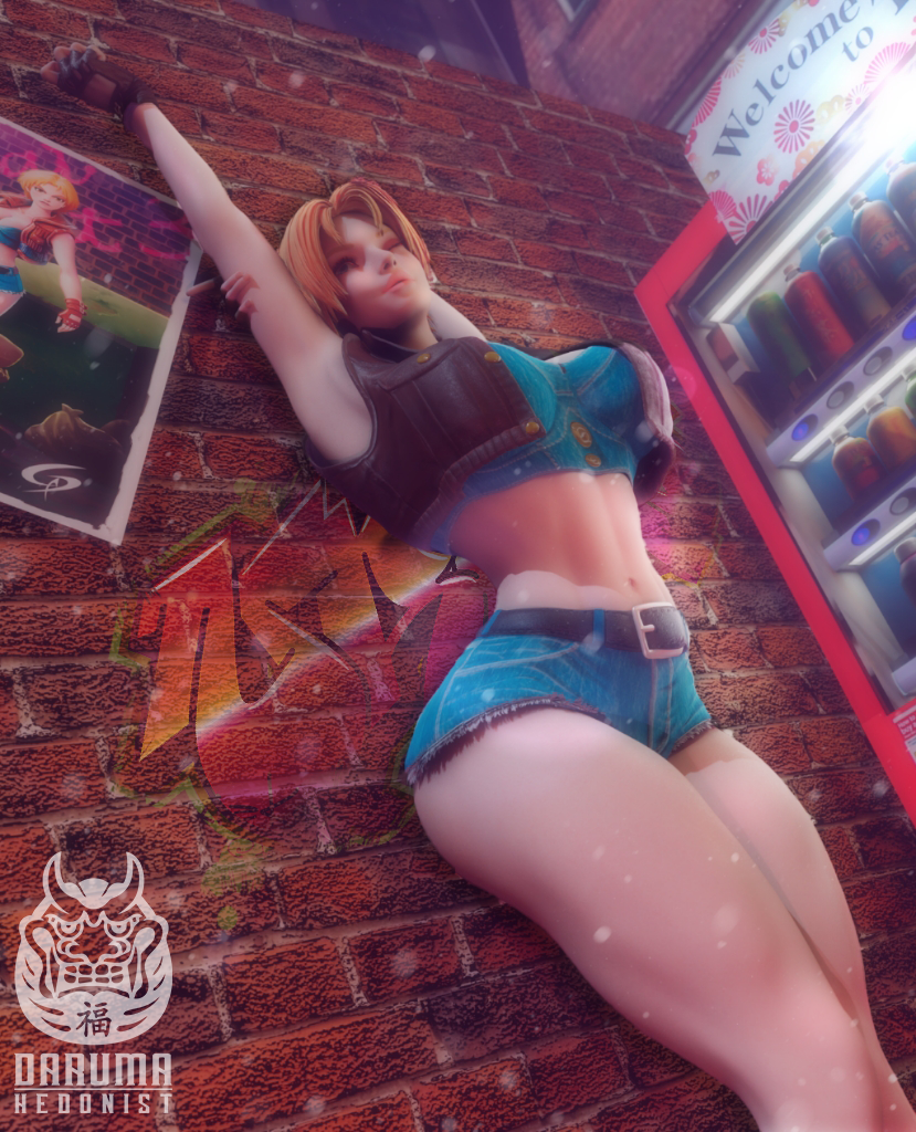 3d 3d_(artwork) blender blender_(software) blender_cycles blonde_hair blue_eyes clothed clothed_female daruma_hedonist edit female final_fight_3 leather_gloves leather_jacket lucia_morgan model model_pose model_release muscle_girl pale_skin short_hair shorts street_fighter street_fighter_v watermark