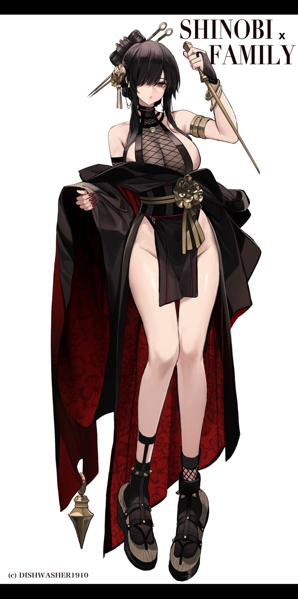 1girls, assassin, big breasts, black hair, breasts, cleavage, covering crotch, dishwasher1910, dress, female, female human, fishnets, fit, fit female, gown, huge breasts, human, light skin, light-skinned female, mature female, no panties, pale skin, pale-skinned female, red eyes, sideboob, slim waist, spy x family, stiletto (weapon), thick thighs, thorn princess, yor briar, yor forger