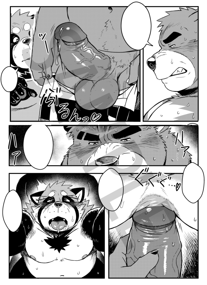 2022 anthro balls belly big_belly canid canine comic comic_portrait distracting_watermark erection genitals humanoid_genitalia humanoid_hands humanoid_penis kemono male male/male mammal moobs nipples penis raccoon_dog rossciaco sample sex tanuki ursid watermark