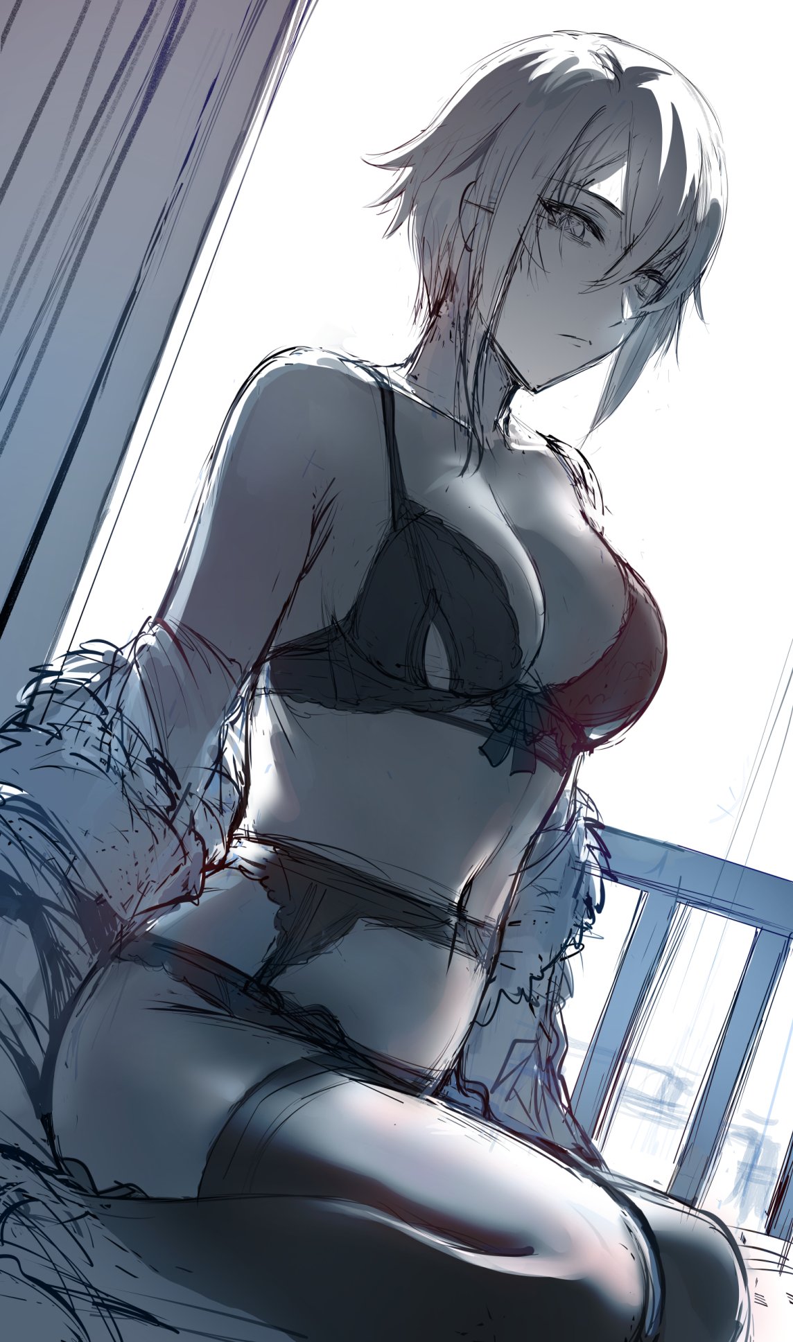 1girls, arlecchino (genshin impact), backlighting, bow, bow bra, bra, collarbone, curtains, dutch angle, female, garter belt, garter straps, genshin impact, hews hack, highres, indoors, looking at viewer, monochrome, navel, short hair, sidelocks, sitting, solo, symbol-shaped pupils, thighhighs, underwear, underwear only, wariza, x-shaped pupils