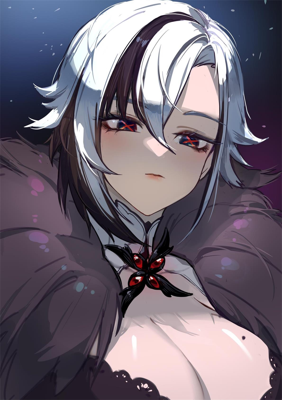 1girls, arlecchino (genshin impact), beauty mark, beauty mark on breasts, black hair, breasts, expressionless, female, fur trim, genshin impact, half-closed eyes, highres, large breasts, light skin, light-skinned female, looking at viewer, mole, mole on breast, multicolored hair, ouer moyu, short hair, solo, streaked hair, symbol-shaped pupils, two-tone hair, upper body, white hair, x-shaped pupils