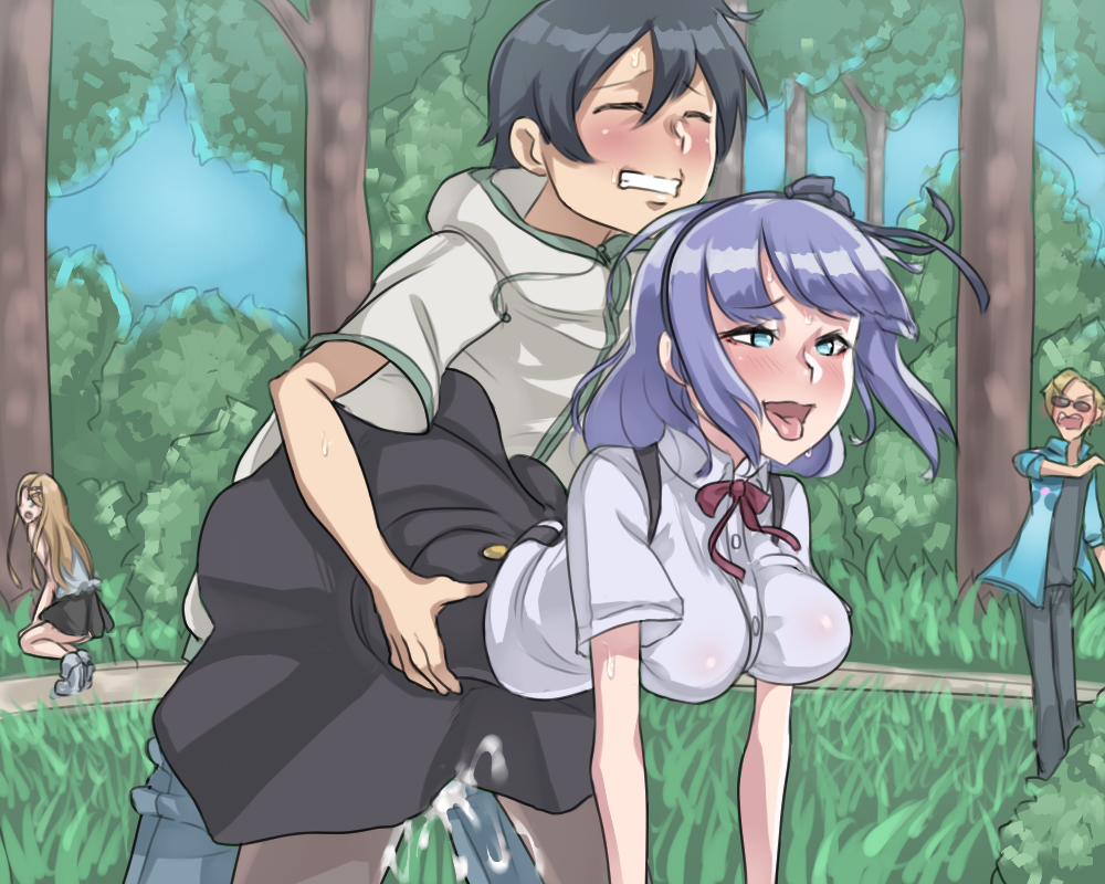 asian asian_female asian_male being_watched blush clothed clothed_sex cum cum_on_clothes dagashi_kashi endou_saya_(dagashi_kashi) maji-pan outdoor outdoors public public_sex sex sex_from_behind shidare_hotaru shikada_kokonotsu shocked skirt standing_sex