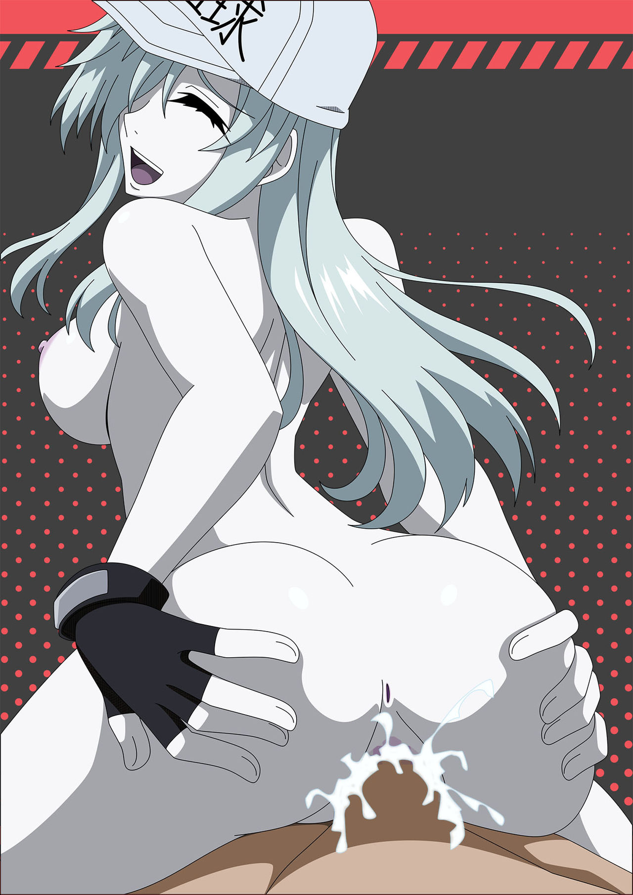 1boy, 1girls, atelier gons, big breasts, breasts, censored, cum, cum in pussy, cum inside, female, grey skin, hataraku saibou, hataraku saibou black, male, open smile, pussy, reverse cowgirl position, sex, silver hair, u-1196, vaginal penetration, white blood cell (hataraku saibou)