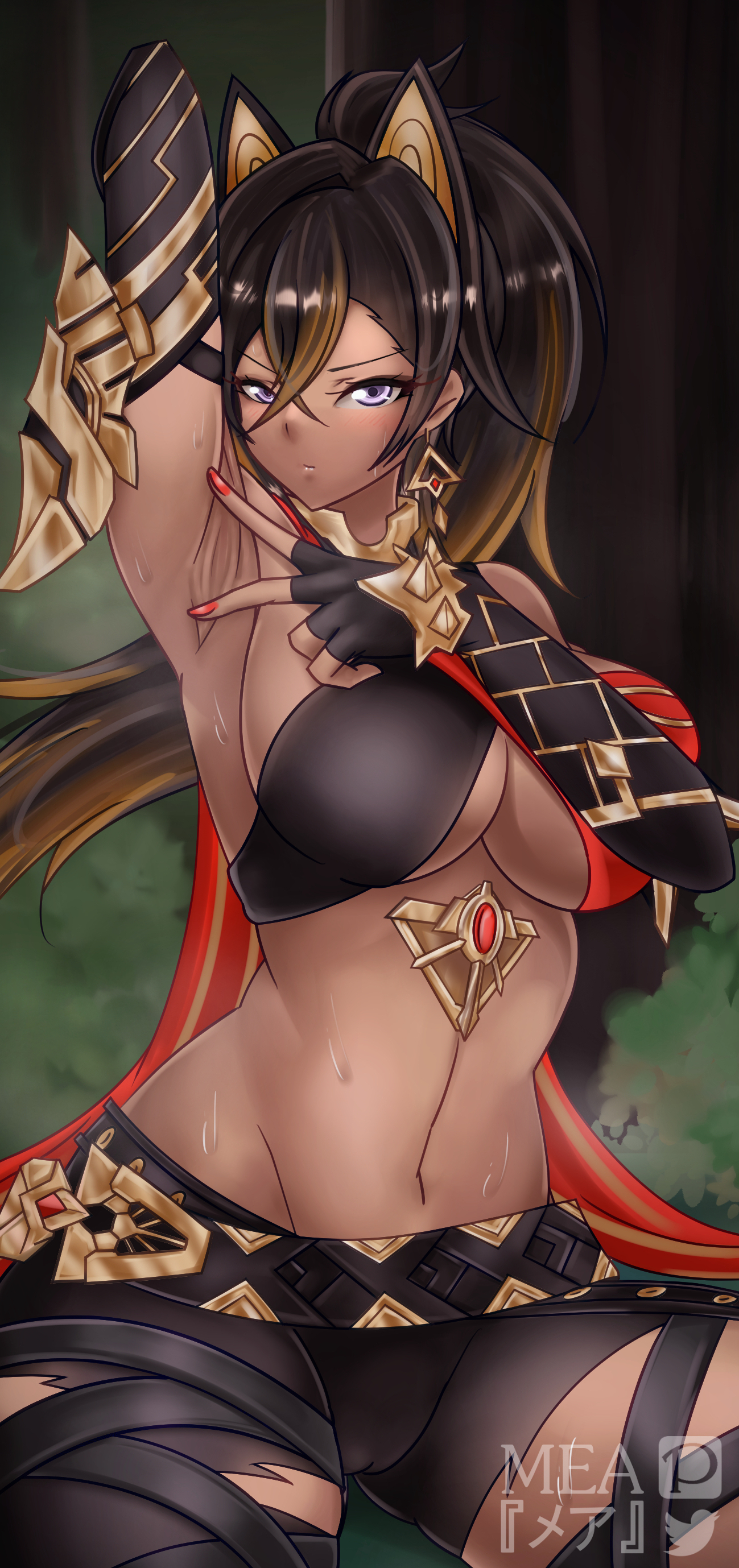 abs, animal ears, black hair, blue eyes, blush, breasts, busty, cleavage, curvy, dark skin, dark-skinned female, dehya (genshin impact), female, female only, genshin impact, halterneck, hi res, looking at viewer, navel, spread legs, squatting, thick thighs, toned, toned female, underboob, yellow hair