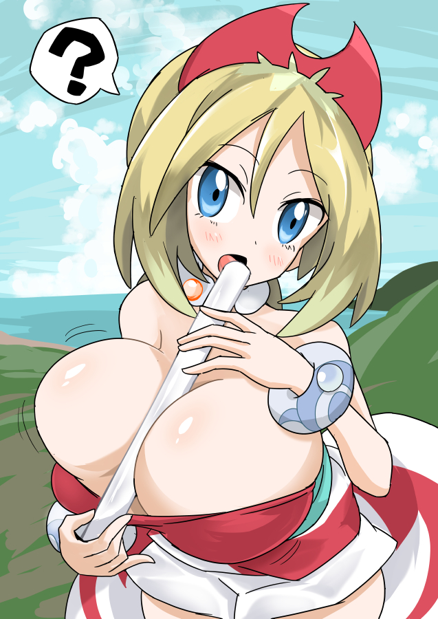 2022, big breasts, blonde hair, blue eyes, breasts, cleavage, female, flute, huge breasts, irida (pokemon), licking, oro (zetsubou girl), overflowing breasts, paizuri, pokemon, pokemon legends: arceus, sexually suggestive, suggestive, suggestive gesture, suggestive look, suggestive pose, tagme, titfuck, titjob