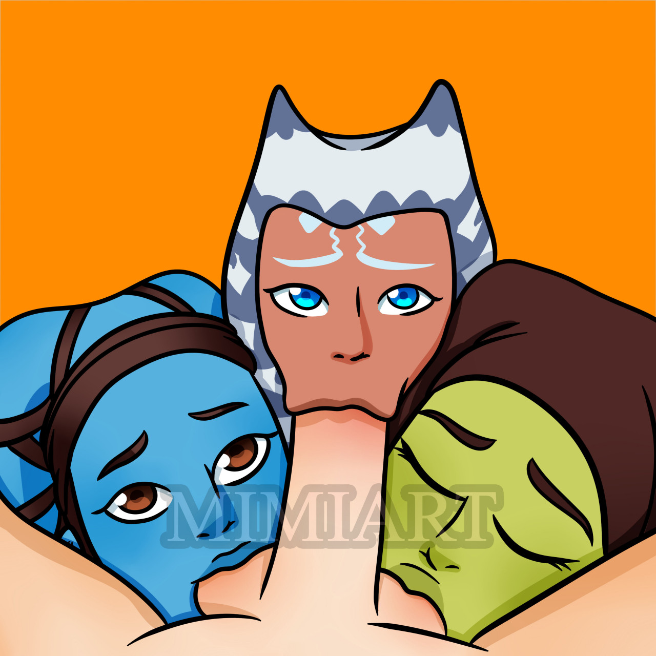 :>=, 1boy, 3girls, aayla secura, age difference, ahsoka tano, alien, alien girl, alien humanoid, alien/human, balls, big penis, blowjob, blue body, blue eyes, blue skin, brown eyes, clone wars, closed eyes, collaborative fellatio, dark skin, dark-skinned female, eye contact, eyebrows, eyelashes, eyes, eyes closed, fellatio, female, female focus, fffm foursome, foursome, green body, green skin, headwear, horn, human, human is better, human on humanoid, humanoid, interspecies, light skin, light-skinned male, lips, looking at viewer, looking up, luminara unduli, male, male pov, mature female, mimiart, mirialan, multiple females, multiple girls, nibbling, nose, nude, nude male, older female, open eyes, oral, orange background, orange body, orange skin, penis, pov, pov eye contact, simple background, spread legs, star wars, straight, submissive, submissive female, sucking, sucking balls, sucking testicles, teamwork, tentacle hair, tentacles, testicles, the clone wars: season one, togruta, triple fellatio, twi'lek, watermark, young, younger femal
