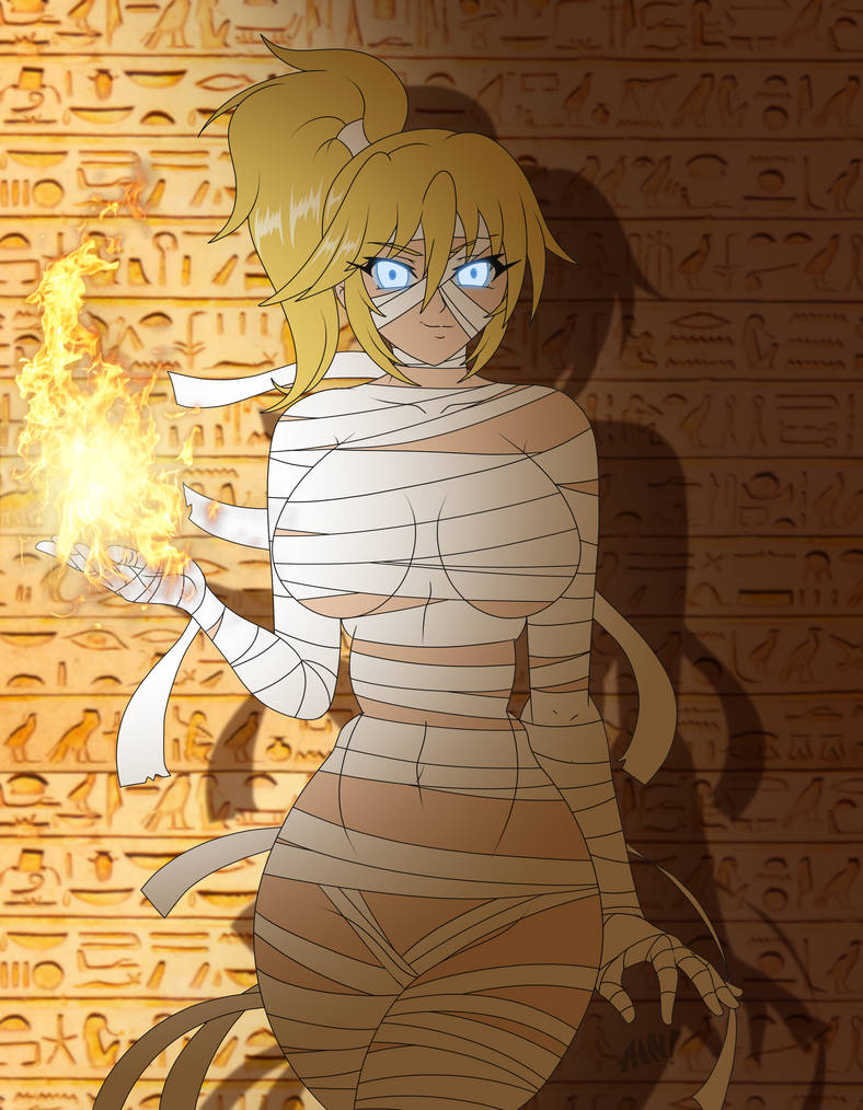 blonde_hair blue_eyes breasts cleavage desingahv dual_persona fire heiroglyphs hi_res jackie_valentine mummy navel ponytail sephzero thick_thighs wide_hips