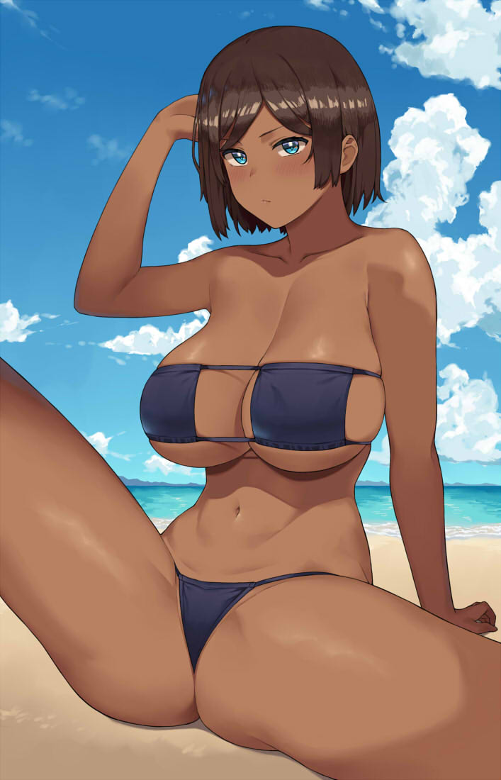 beach, belly button, bikini, blue eyes, breasts, brown hair, cleavage, dark skin, dark-skinned female, eyepatch bikini, female, highlow, inner sideboob, large breasts, medium hair, sitting, sky, spread legs, underboob