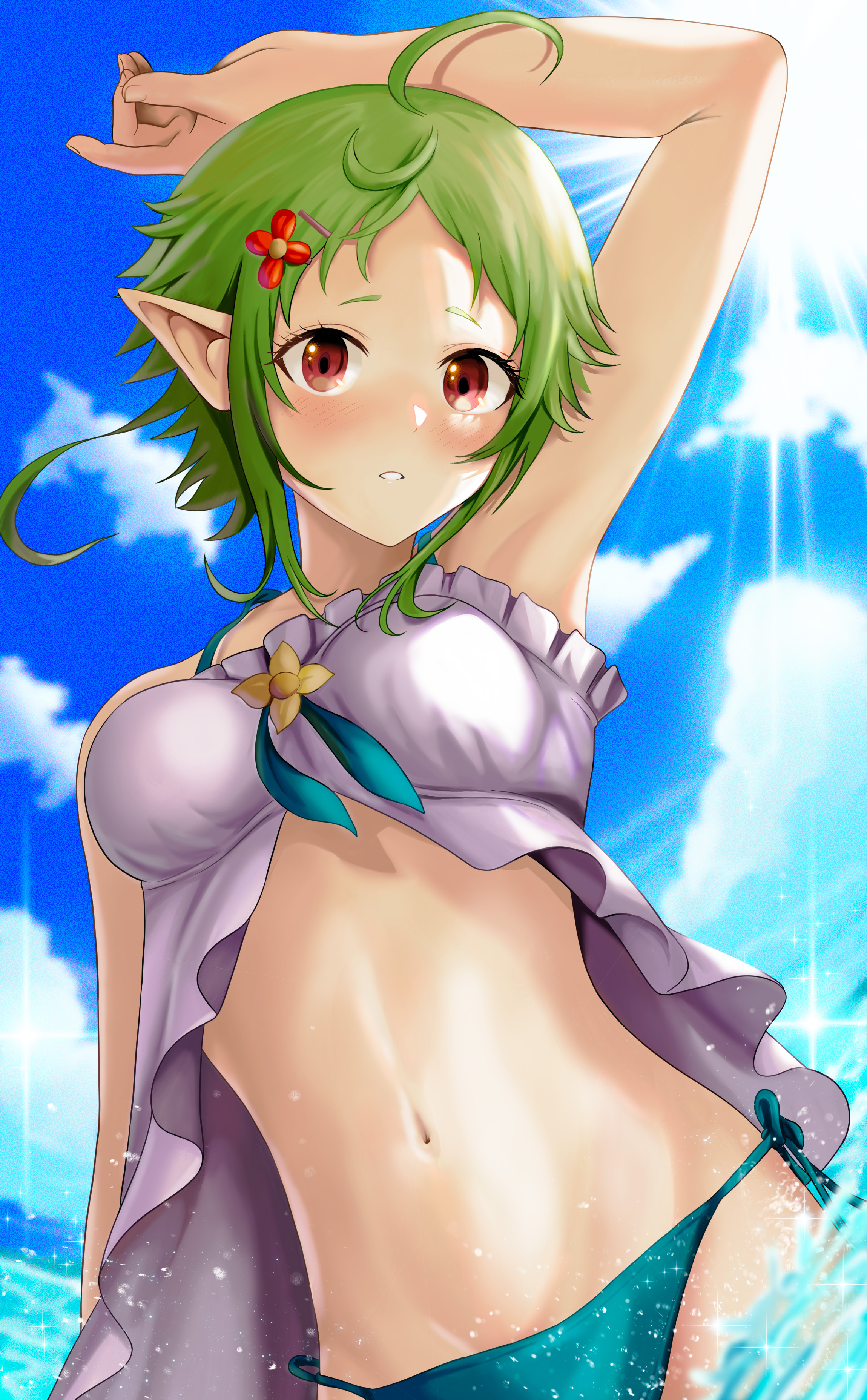 1girls, ahoge, aqua bikini, arm up, armpits, arms up, bare arms, belly, belly button, bikini, bikini bottom, bikini bottom only, bikini top, blue sky, blush, day, female, female focus, female only, flower, flower in hair, green hair, groin, hair flower, hair ornament, hairclip, konbanwa01, midriff, mushoku tensei, navel, outdoors, parted lips, pointy ears, red eyes, short hair, side-tie bikini, sky, solo, solo female, solo focus, stomach, summer, sylphiette (mushoku tensei), topwear, white topwear