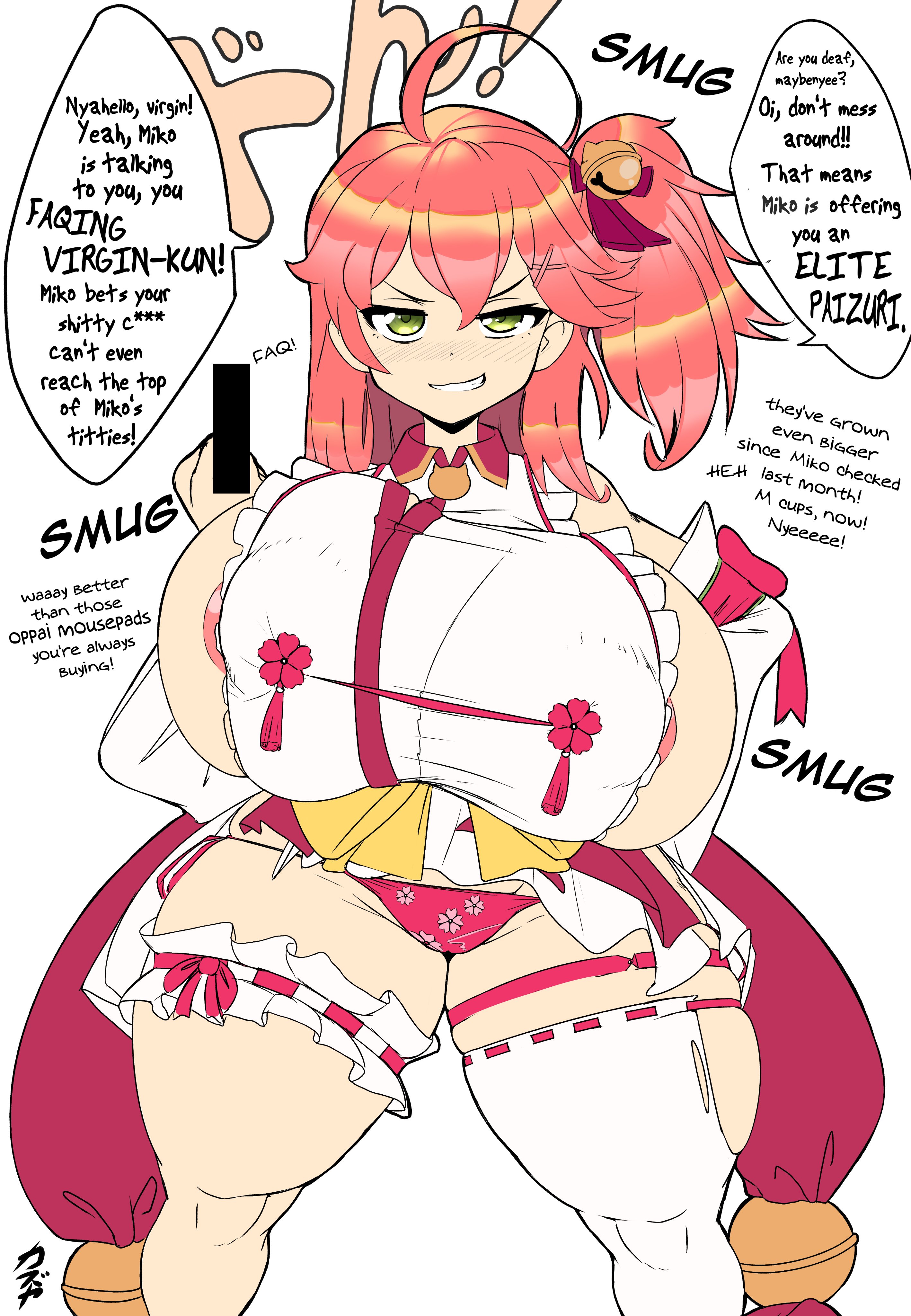 1girls, alternate breast size, breasts, breasts bigger than head, breasts bigger than torso, enormous breasts, female, gigantic breasts, hololive, huge breasts, hyper, hyper breasts, kazuya zoey, long hair, looking at viewer, massive breasts, middle finger, sakura miko, smug, tagme, talking to viewer, text, thick thighs, virtual youtuber