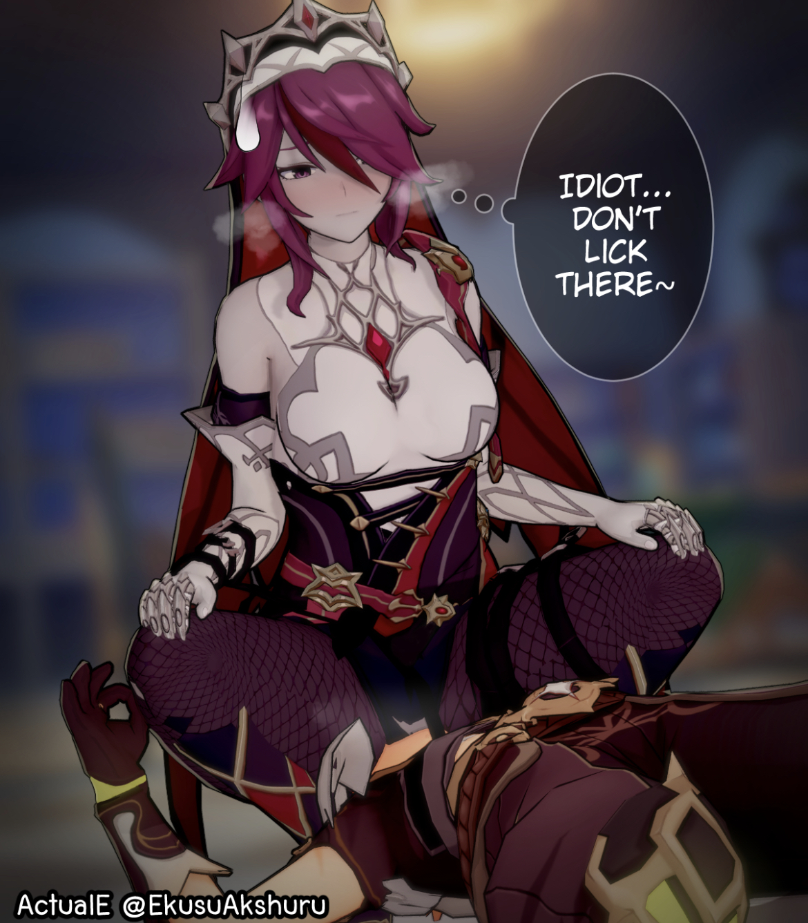 1boy, 1girls, actuale, aether (genshin impact), clothed, cunnilingus, cunnilingus through clothes, english text, facesitting, female, genshin impact, licking, male, rosaria (genshin impact), sniffing, tagme