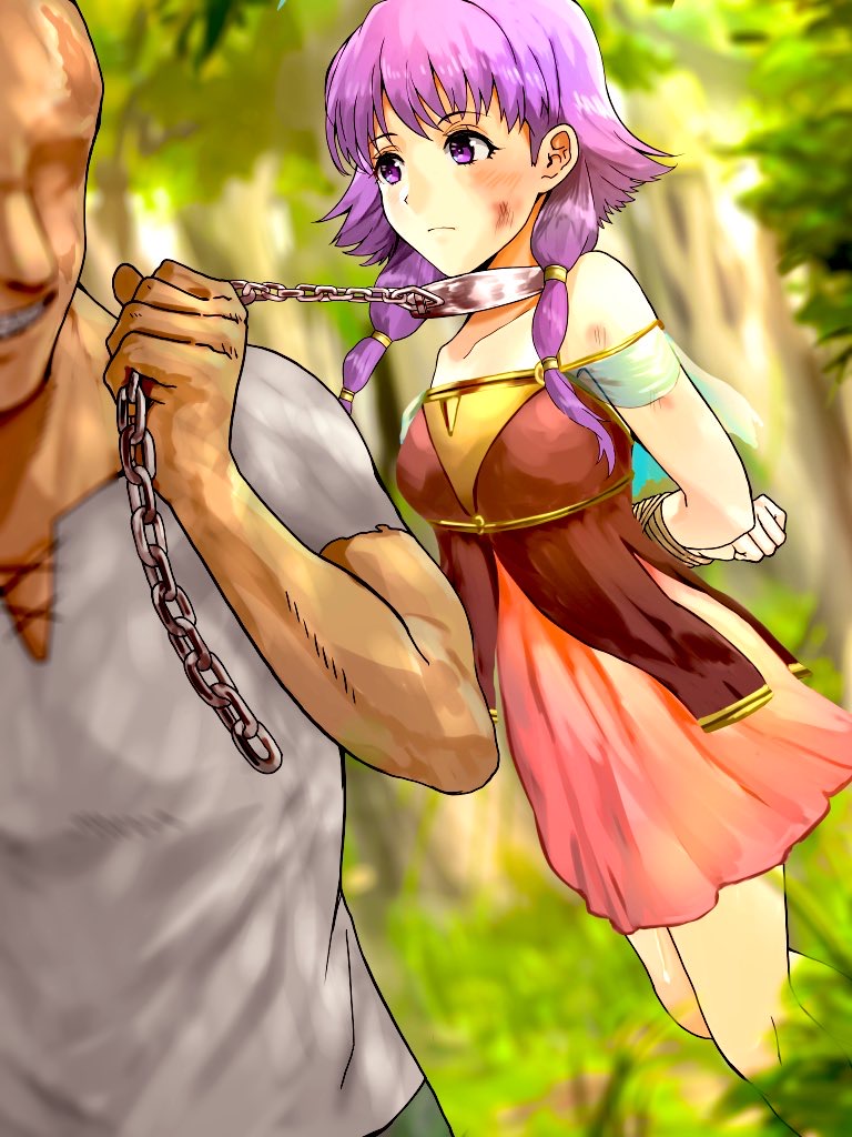 1boy 1girls arms_behind_back bangs bare_arms bare_legs bare_shoulders bondage bound bound_wrists breasts bruise captured chain_leash chains collar collarbone defeated dress expressionless female female_focus femsub fire_emblem fire_emblem:_the_sacred_stones forest injury leash lute_(fire_emblem) male maledom medium_hair nari_(nari149528) nintendo outdoors purple_eyes purple_hair pussy_juice pussy_juice_trail restrained shoulders small_breasts solo_focus wet_pussy