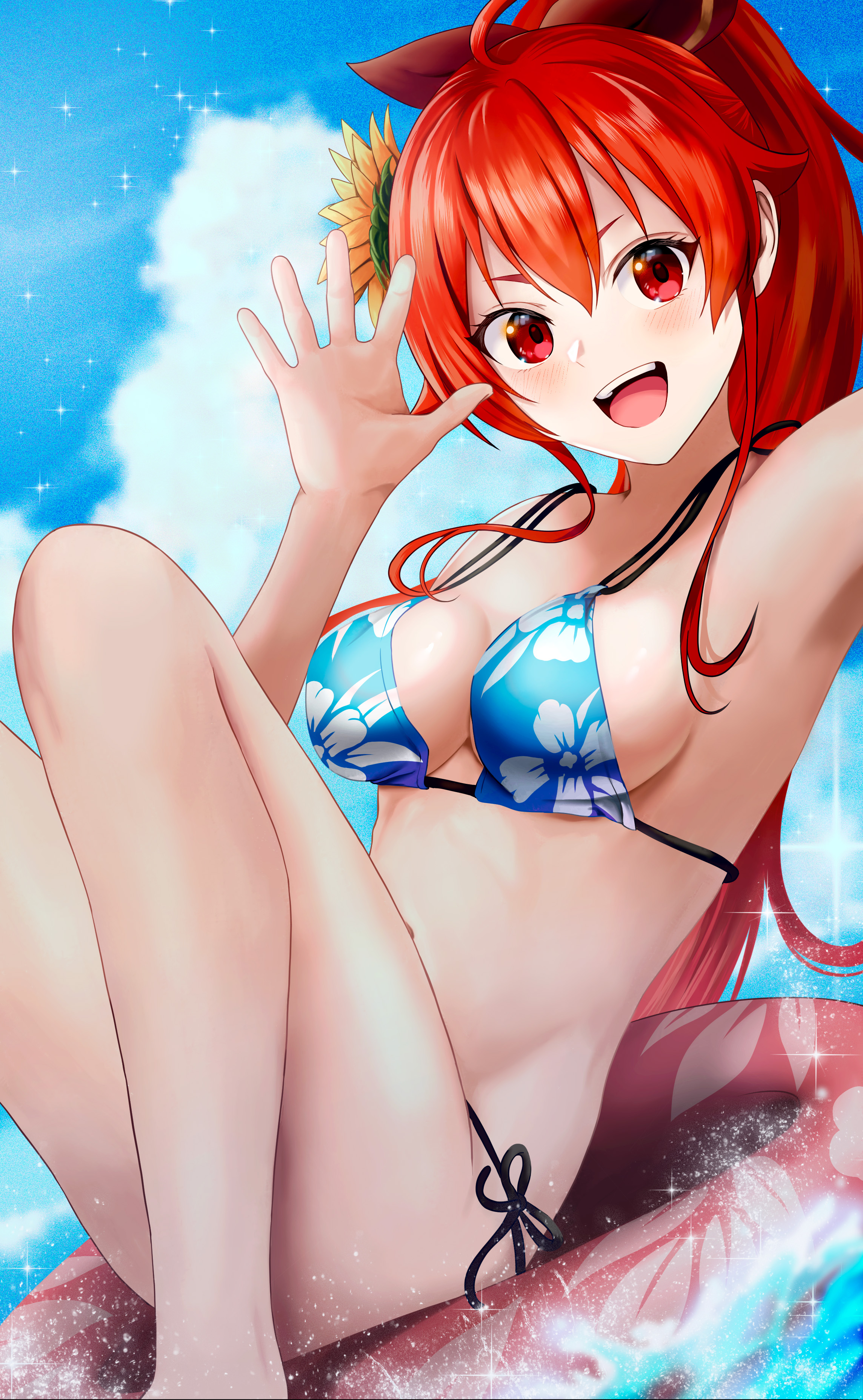 1girls, ahoge, armpits, artist request, bangs, bare arms, bikini, bikini bottom, bikini top, blue bikini, blue bikini top, blue sky, blush, bow, breasts, cleavage, cloud, day, eris greyrat, female, female focus, female only, floral print, flower, flower in hair, hair between eyes, hair ornament, hairbow, long hair, looking at viewer, medium breasts, mushoku tensei, open mouth, outdoors, ponytail, print bikini, red eyes, red hair, shiny, shiny hair, side-tie bikini, sidelocks, sitting, sky, smile, smiling, smiling at viewer, solo, solo female, solo focus, swimsuit, swimwear