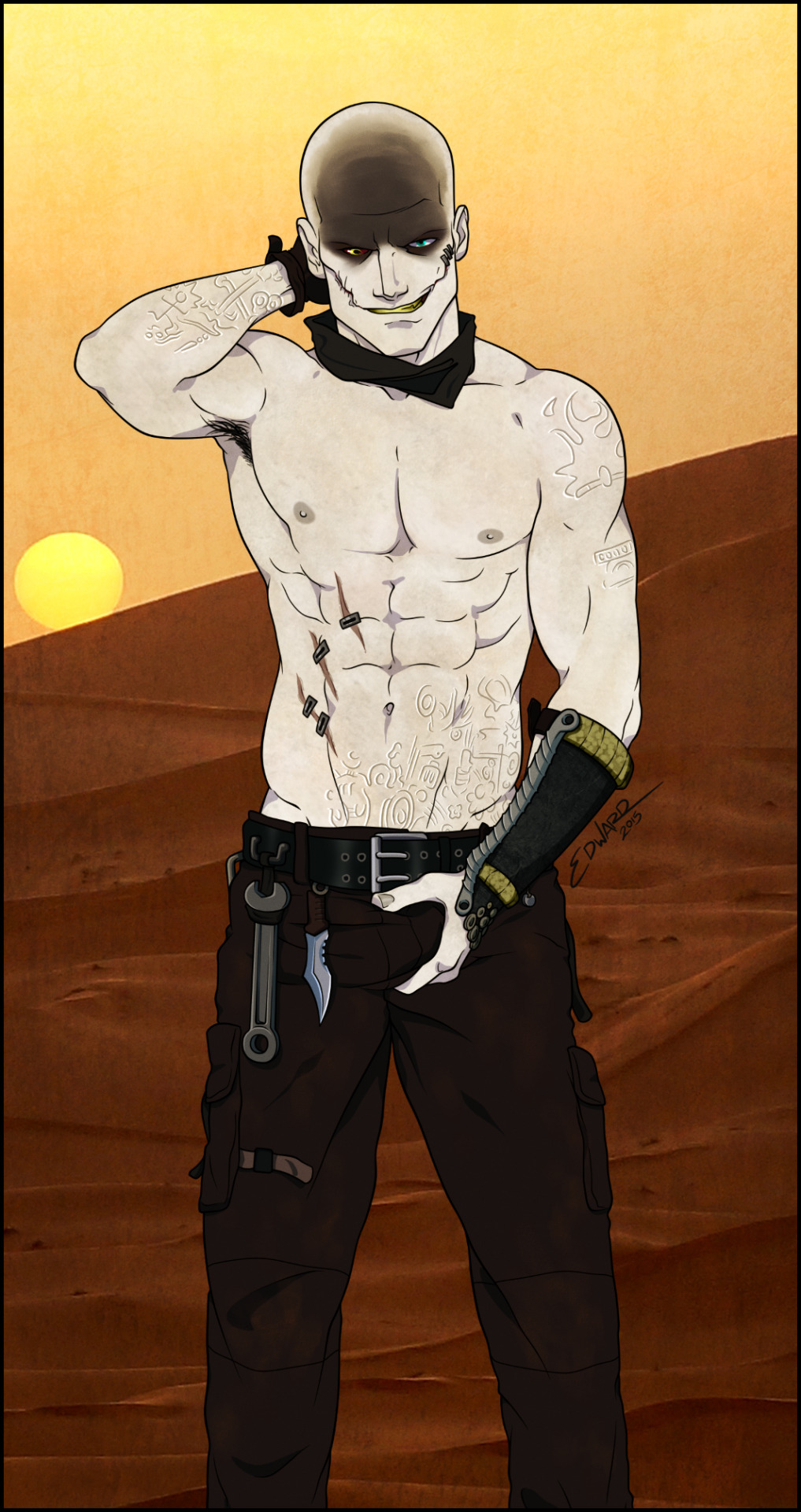 1boy abs armpit_hair bald belt bloodshot_eyes blue_eyes bracer bulge_through_clothing creepy_smile desert ed_draws grabbing_own_penis grabbing_penis_through_clothes heterochromia knife mad_max mad_max:_fury_road male male_focus male_only muscular_male neckerchief pale-skinned_male pants pants_only scar scarification scary_smile stapled_body staples war_boy wrench yellow_eyes