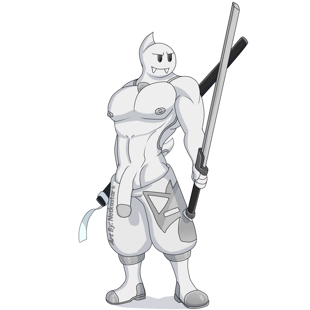 anthro boo_(mario) boots casual_nudity clothing emblem fangs footwear genitals ghost male mario_(series) melee_weapon nintendo nipples notkastar nude pecs penis pose smile solo spirit sword video_games weapon zatch_(notkastar)