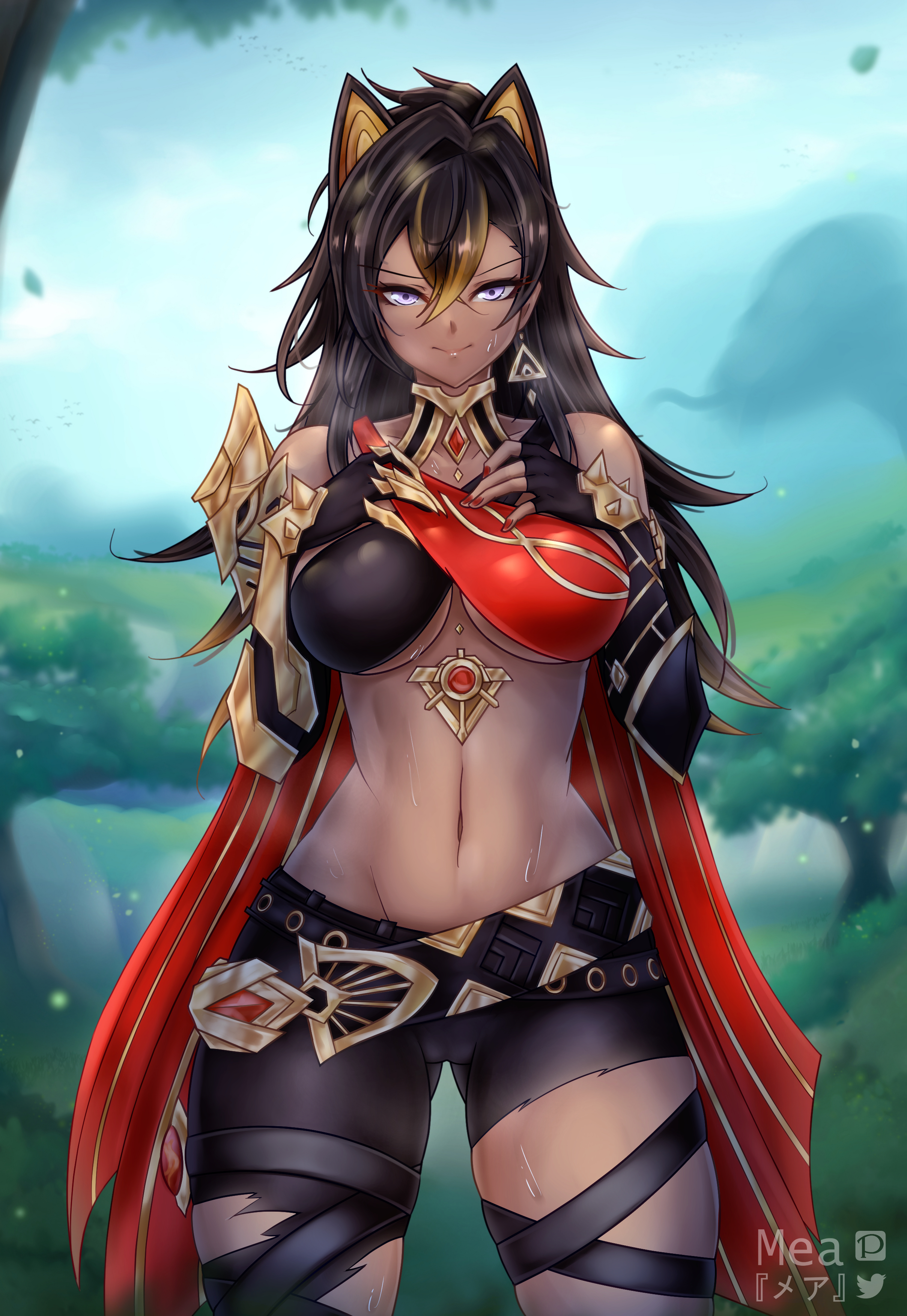 1girls, abs, animal ears, artist logo, black hair, blue eyes, blush, breasts, busty, cleavage, curvy, dark skin, dark-skinned female, dehya (genshin impact), female, female only, front view, genshin impact, halterneck, hi res, looking at viewer, navel, spread legs, squatting, sweat, sweating, sweaty, thick thighs, tight pants, toned, toned female, torn pants, underboob, yellow hair