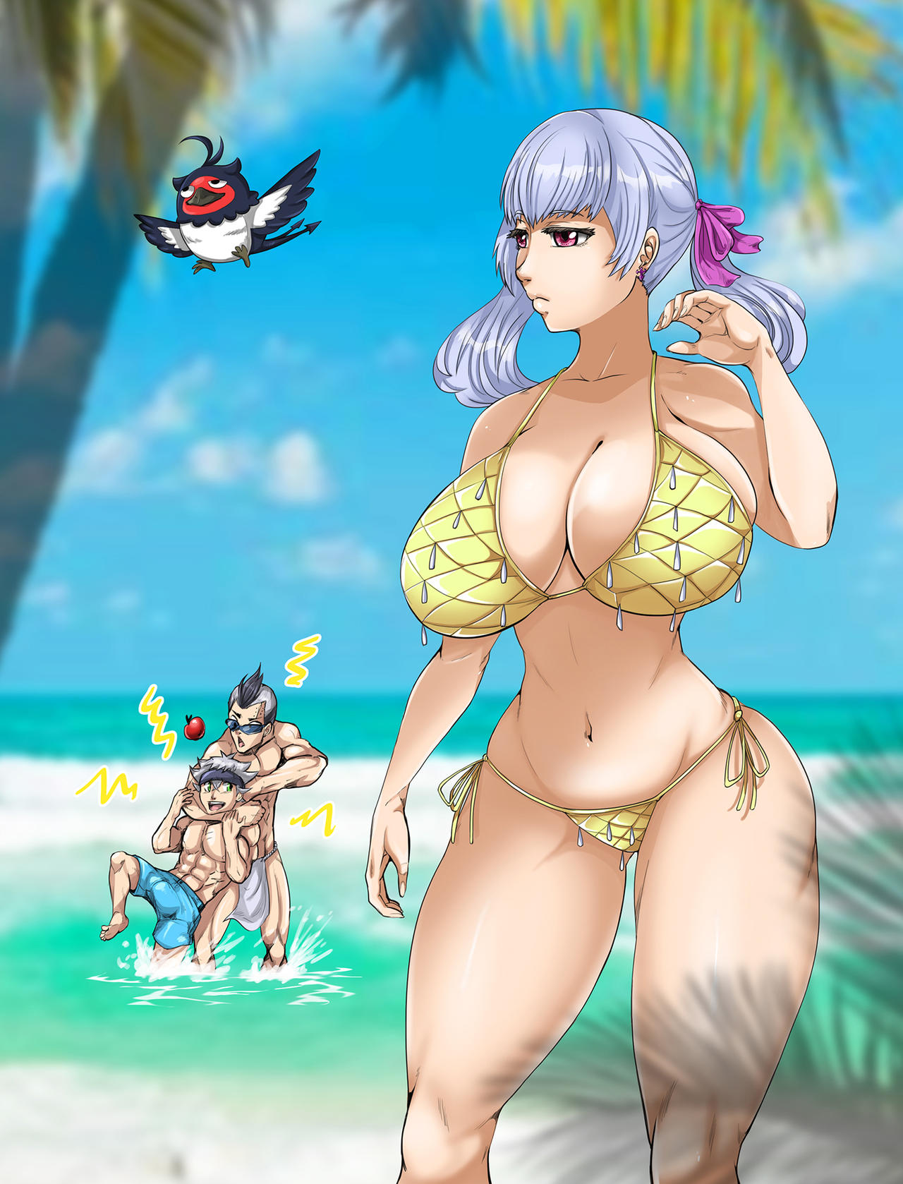 1girls asta_(black_clover) bangs beach belly_button big_breasts bikini black_clover breasts female hi_res hourglass_figure kajimateria large_breasts magna_swing nero_(black_clover) noelle_silva purple_eyes ribbon silver_hair simple_background thick_thighs twintails voluptuous