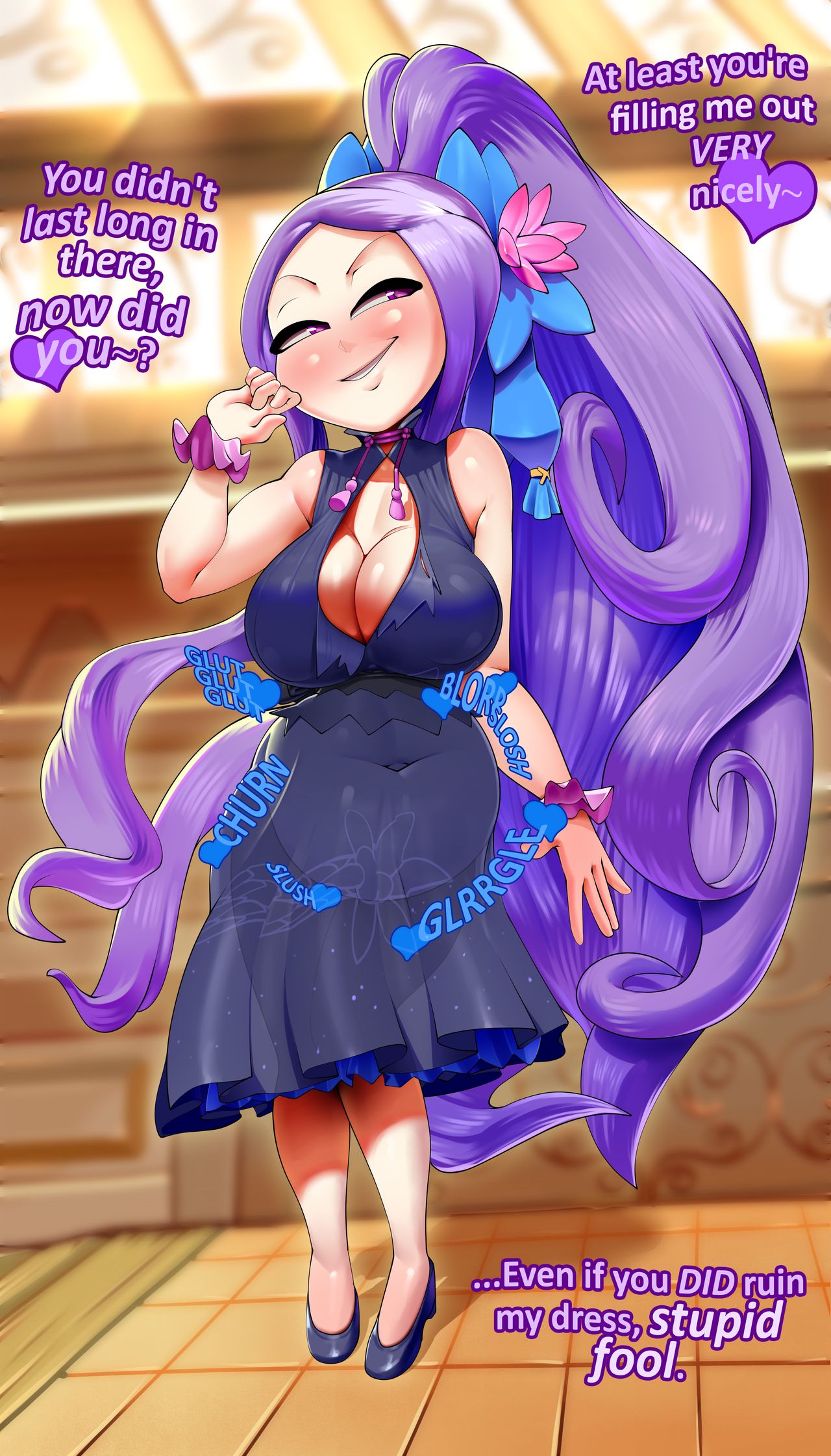 1girls, absorption, absorption vore, big breasts, blush, breast expansion, breast growth, breast growth (enlargement), breasts, cleavage, clothing, comic, dress, fate (series), fate/grand order, female, female only, hi res, large breasts, long hair, purple eyes, purple hair, smug, solo, text, theboogie, vore, vore belly, wu zetian (fate/grand order)