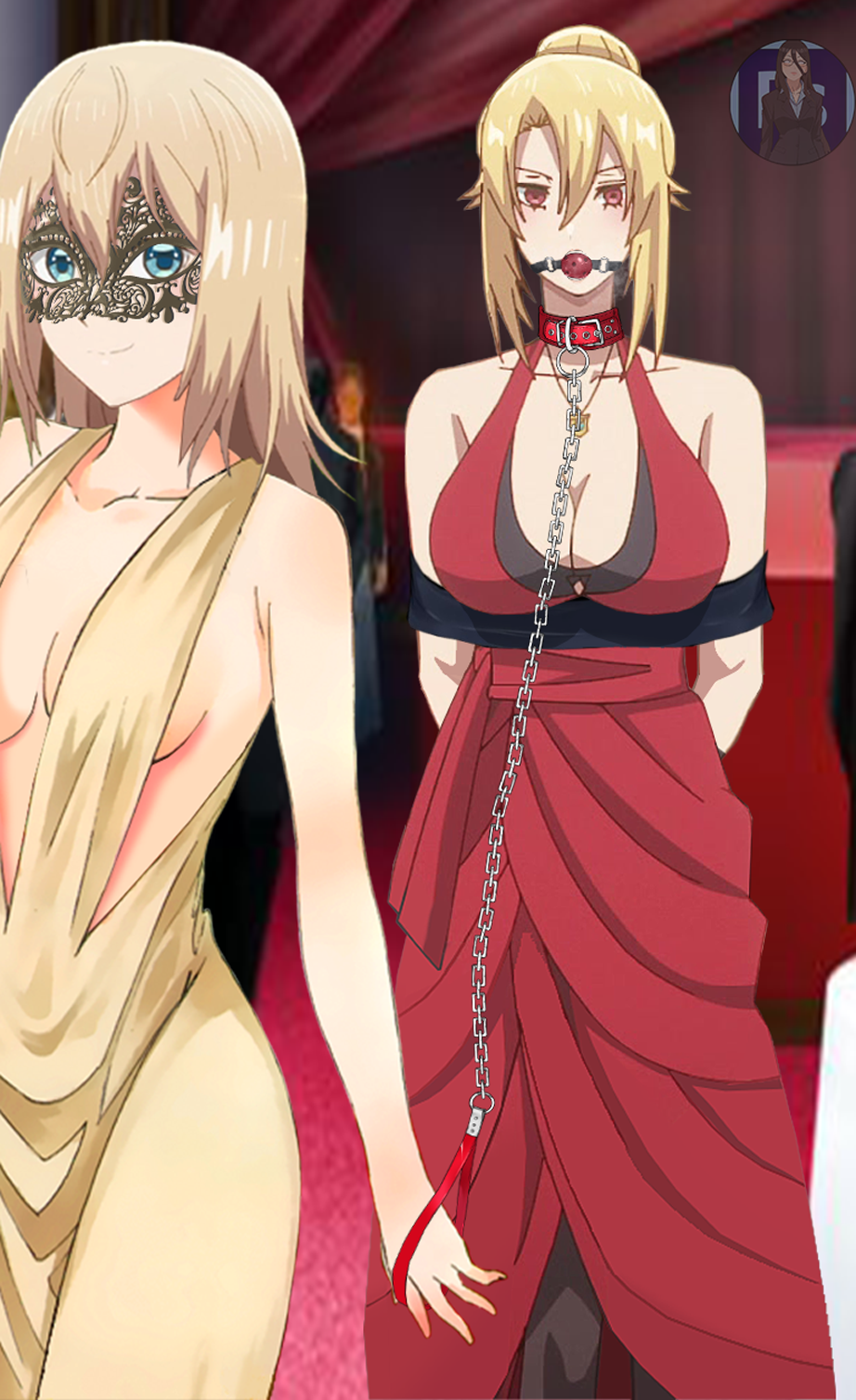 2girls angelica_rapha_redgrave blonde_hair bondage bossbb41 breasts dress gag gagged hair_bun multiple_girls olivia_(mobseka) otome_game_sekai_wa_mob_ni_kibishii_sekai_desu red_eyes yuri