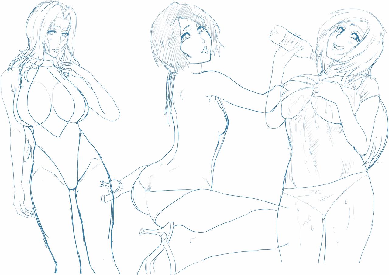 3girls, bleach, female, high heels, inoue orihime, iwao178, kuchiki rukia, matsumoto rangiku, multiple girls, sketch, tagme
