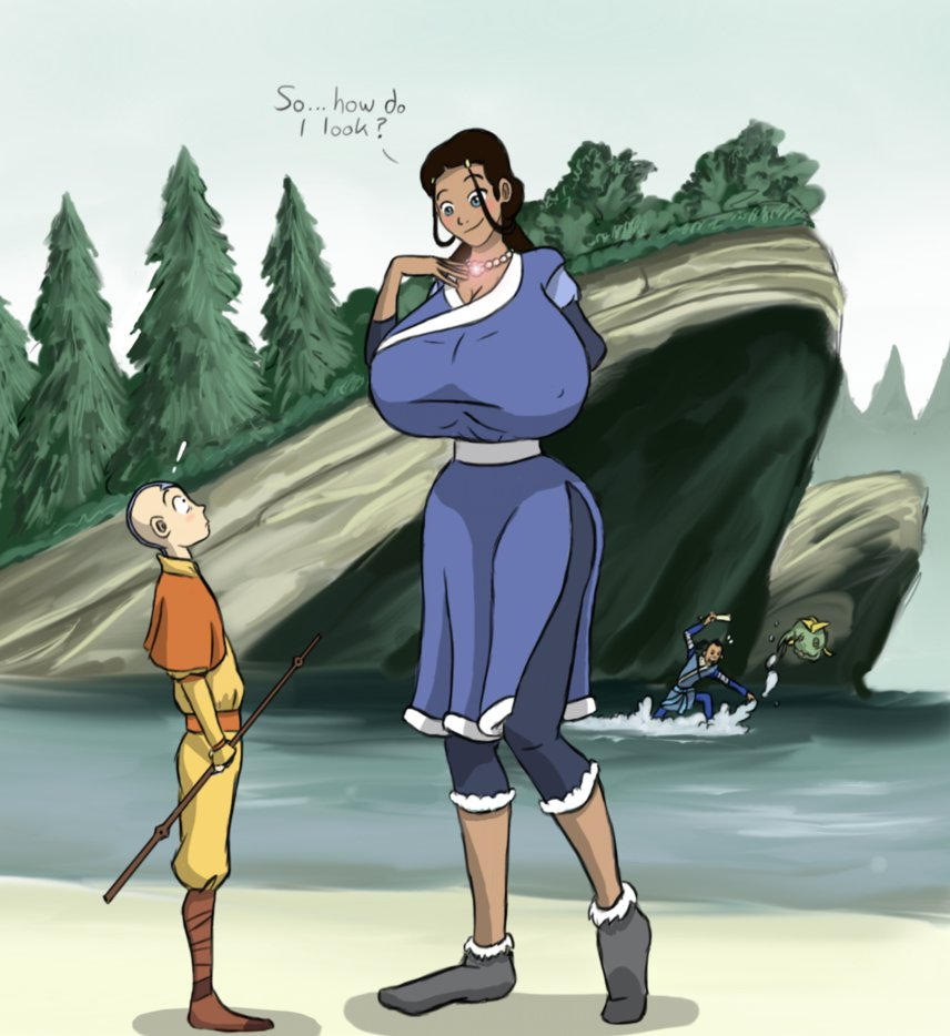 1girls 2boys aang air_nomad airbender_tattoo avatar_legends avatar_the_last_airbender big_breasts blue_dress blue_eyes blush breasts_bigger_than_head brown_hair caiman2 cleavage clothed clothing english_text female giantess gigantic_breasts inuit katara larger_female macro male necklace nonbender shocked shocked_expression size_difference smaller_male sokka text the_avatar water water_tribe