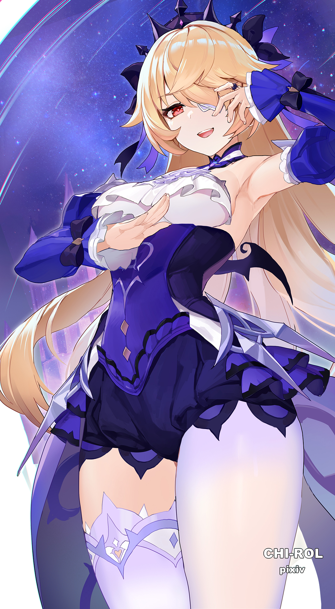 1girls, blonde hair, chi rol, chi-rol, eye patch, female, female only, fischl (ein immernachtstraum) (genshin impact), fischl (genshin impact), genshin impact, princess, red eyes, revealing clothes, royalty, solo, thick, thick thighs