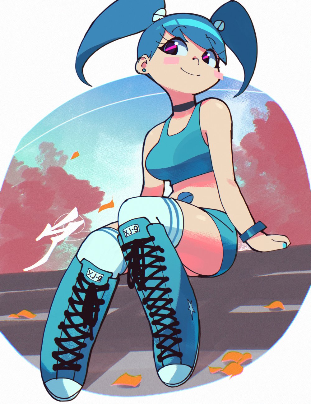 1girls, aetherion art, bike shorts, booty shorts, cute, female, female only, humanized, jenny wakeman, my life as a teenage robot, nickelodeon, robot, robot girl, robot humanoid, short shorts, shorts, sitting, solo, solo female, xj-9