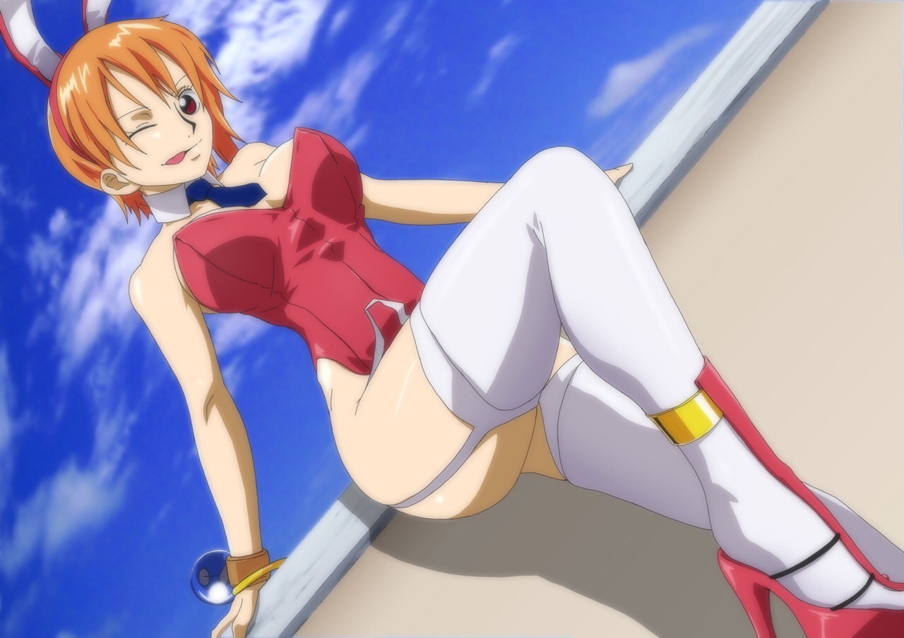 1girls, bunny ears, bunnysuit, clothing, female, female only, high heels, kyabakurabakufu, log pose, nami (one piece), one piece, orange hair, orange-haired female, platform heels, pre-timeskip, short hair, solo