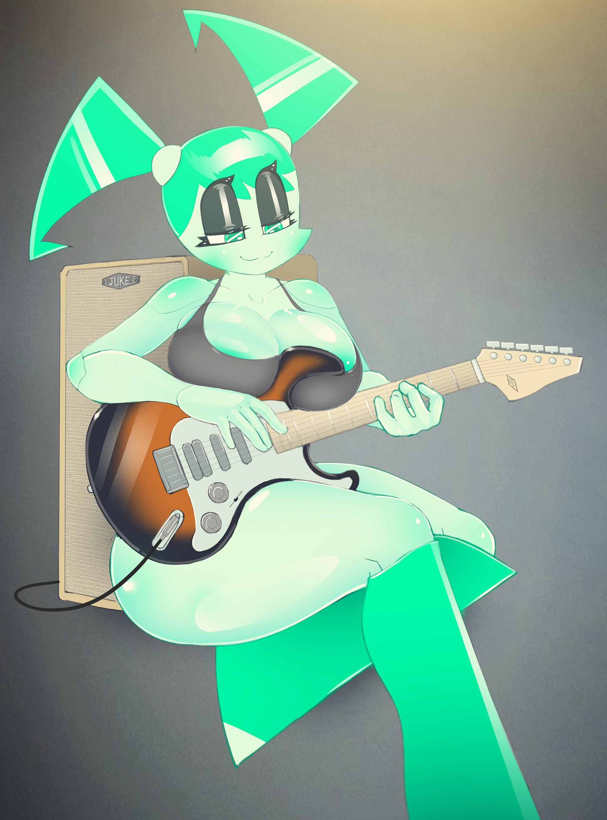 :3, 1girls, ass, big breasts, booty shorts, breasts, busty, curvaceous, curves, curvy, curvy body, curvy female, curvy figure, female, female only, green eyes, green nipples, grey topwear, guitar, huge breasts, jenny wakeman, lonlon, my life as a teenage robot, nickelodeon, playing guitar, robot, robot girl, robot humanoid, sitting, solo, solo female, thick ass, thick thighs, thigh, thighs, white body, xj-9