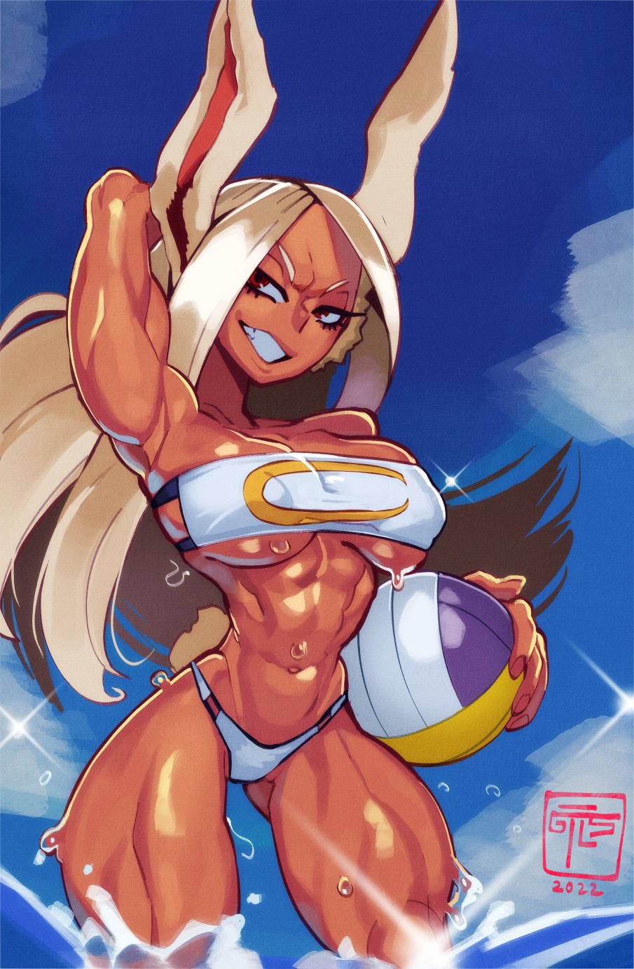 1girls, bunny ears, dark skin, dark-skinned female, female, female only, gattles, hi res, in water, long hair, looking at viewer, miruko, muscular, muscular female, my hero academia, narrowed eyes, red eyes, rumi usagiyama, smiling, smiling at viewer, solo, solo female, swimwear, teeth showing, white hair