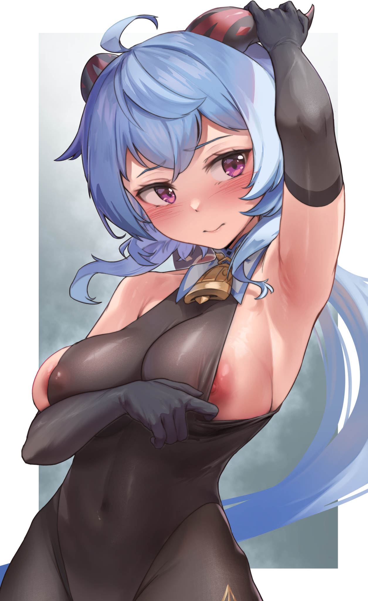 1girls 3: ahoge areola_slip arm_up armpits bare_shoulders bell black_gloves black_leotard black_pantyhose blue_hair blush border breasts closed_mouth covered_erect_nipples covered_navel cowboy_shot elbow_gloves ganyu_(genshin_impact) genshin_impact gloves highres horns large_breasts leotard leotard_pull long_hair looking_at_viewer low_ponytail neck_bell nipples outside_border padoruu pantyhose pulled_by_self purple_eyes solo very_long_hair white_border