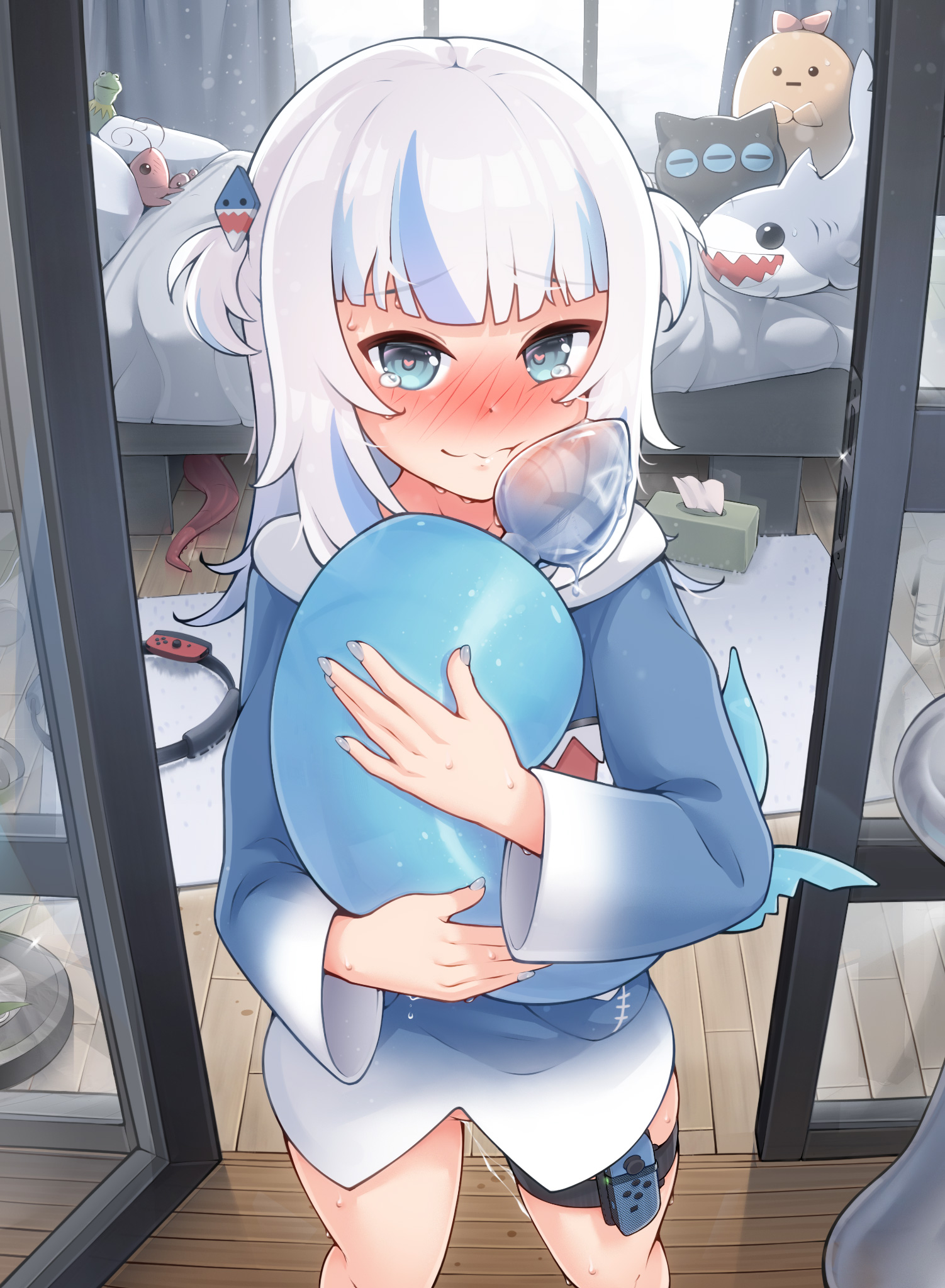1girls, anal plug, anal tail, blue eyes, blue hair, blue nails, blush, buttplug, buttplug tail, day, embarrassed, female, gawr gura, hololive, hololive english, hololive myth, large buttplug, merrytail, pussy, pussy juice, pussy juice drip, room, shark, shark girl, tagme, tears, two-tone hair, virtual youtuber, vtuber, white hair