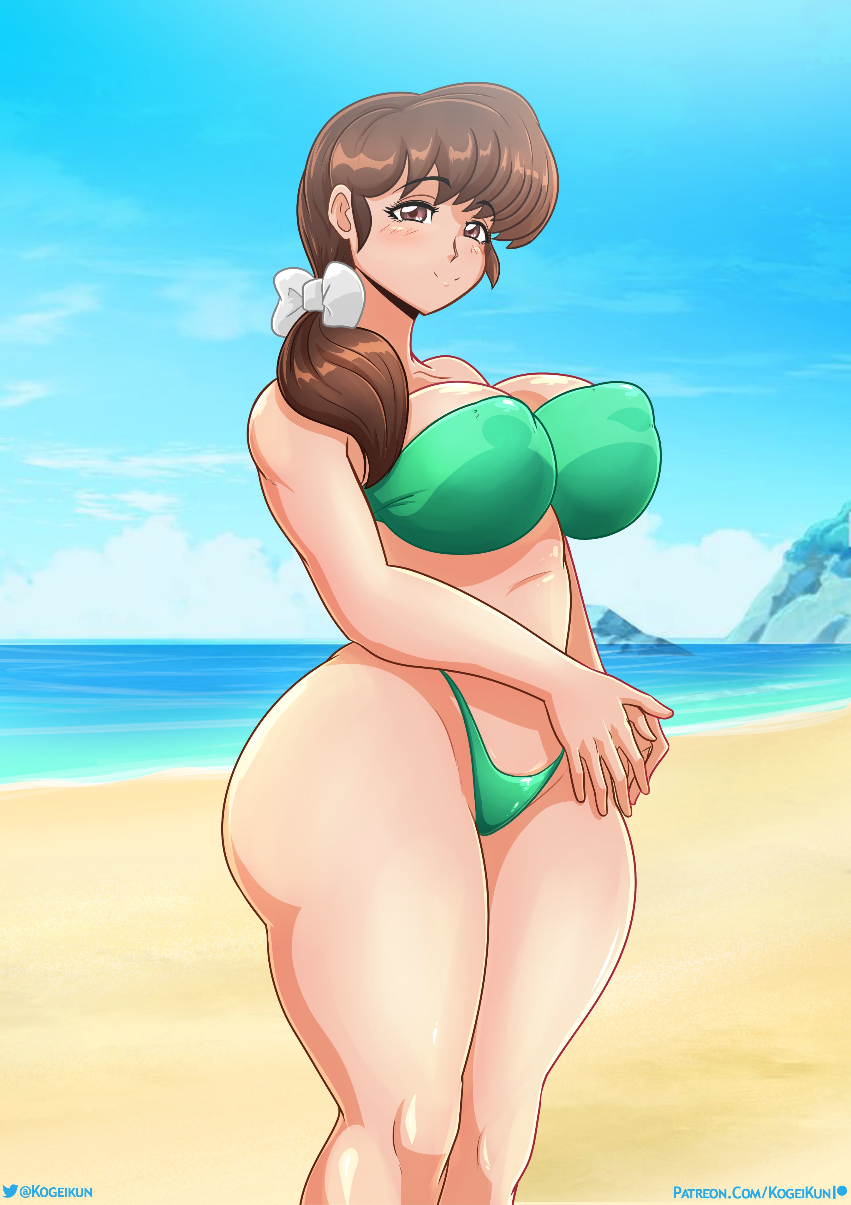 1girls, beach, bow, breasts, brown eyes, brown hair, female, female only, green bikini, kasumi tendo, kogeikun, large breasts, light skin, light-skinned female, pale skin, pale-skinned female, ponytail, ranma 1/2, solo, solo female, solo focus, swimsuit, tagme