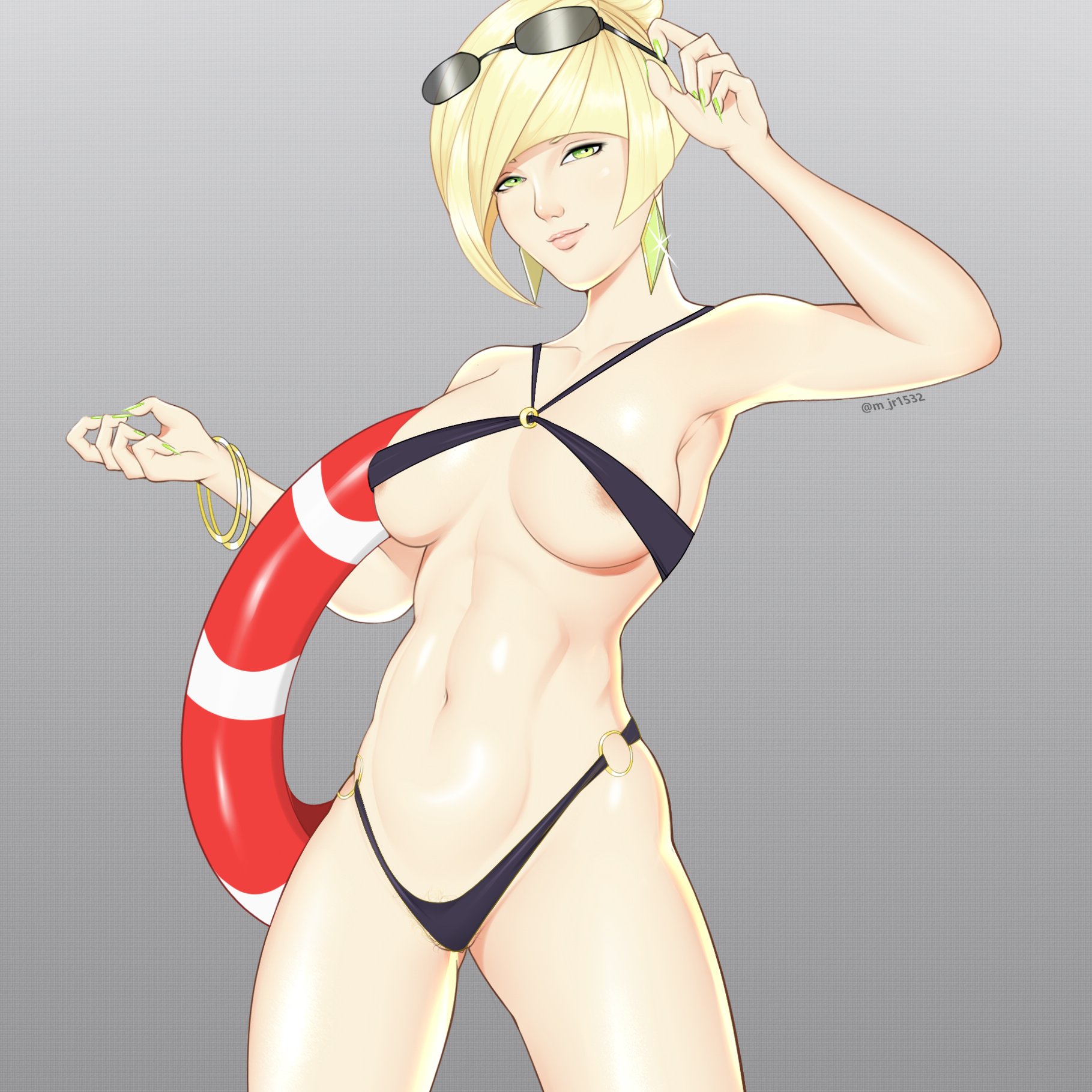1girls, alternate version available, areolae, bikini, bikini bottom, bikini top, black bikini, blonde hair, bracelet, earrings, female, female only, game freak, green eyes, green nail polish, green nails, hair, lips, lusamine (pokemon), m jr art, mature, mature female, milf, mother, pokemon, pokemon sm, short hair, solo female, sunglasses, sunglasses on head, swimsuit, swimwear, thick lips, thick thighs, thighs