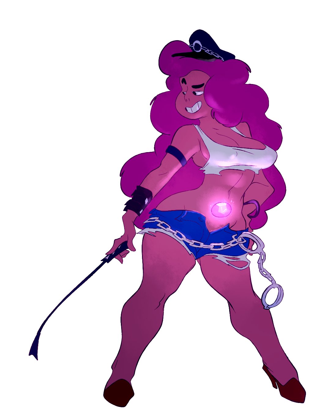 1girls, black hair, cartoon network, cosplay, crop top, digital media (artwork), dominatrix, female, female only, final fight, handcuffs, hi res, high heels, poison (final fight) (cosplay), riding crop, short shorts, slb, solo, solo female, steven universe, stevonnie, street fighter, whip