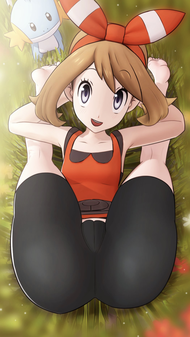 brown_hair cameltoe flexible flowers grass gray_eyes greatm8 hairband large_ass may_(pokemon) may_(pokemon_oras) mudkip pokemon pokemon_(game) pokemon_(species) pokemon_oras small_breasts smile starter_pokemon stretching thick_thighs worstm8sfm