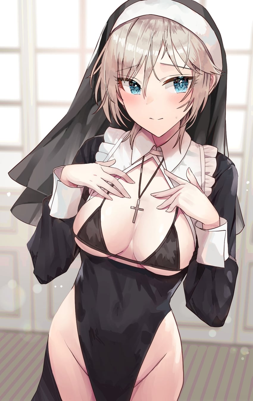 anastasia_(idolmaster) aqua_eyes bikini black_bikini black_headwear blush breast_cutout breasts cleavage covered_navel cross cross_necklace female grey_hair groin habit hands_on_own_chest highres idolmaster idolmaster_cinderella_girls jewelry looking_at_viewer necklace no_panties nun pelvic_curtain rum_raisin_(chihiromakita19) short_hair solo sweatdrop swimsuit