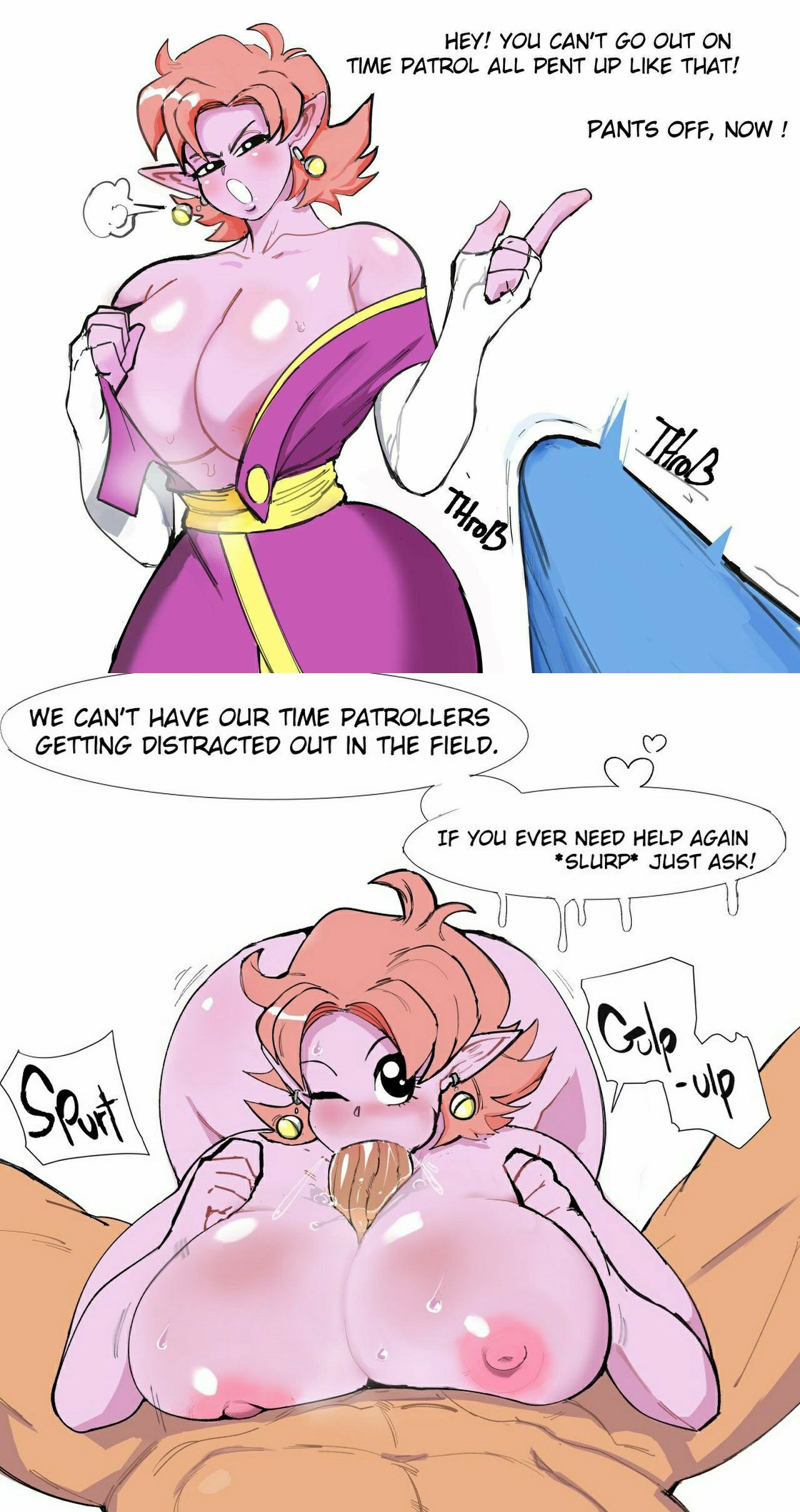 alternate breast size, big breasts, breasts, casual, casual sex, chronoa, cock hungry, completely nude, cum in mouth, dragon ball, embo, fellatio, female, femdom, male, nude, oral, paizuri, penis, relief, sucking out cum, titjob, trunks briefs, unseen male face