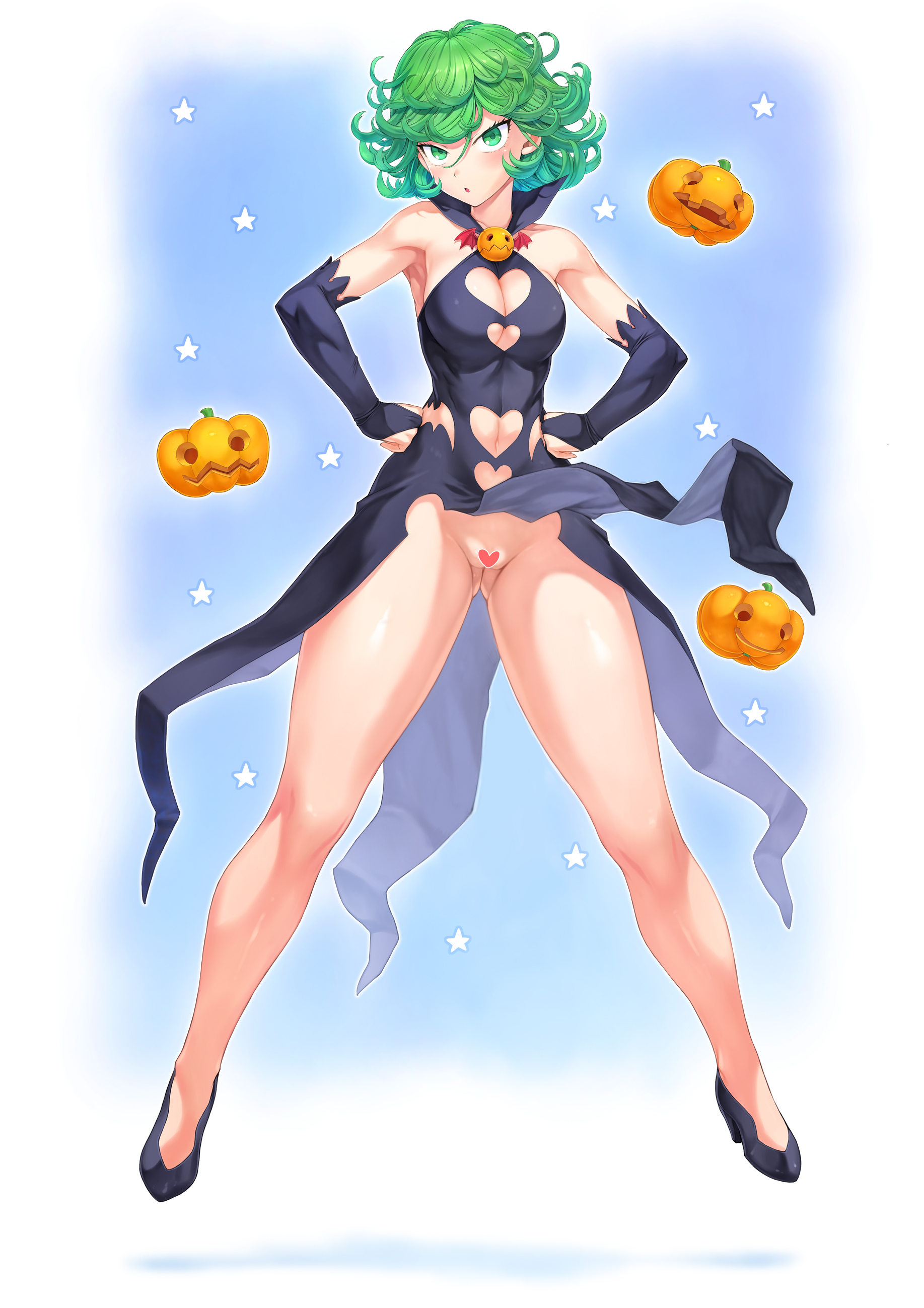 1girls, blush, color, dress, female, full body, green eyes, green hair, halloween, halloween costume, hand on hip, knees, mogudan, no panties, one-punch man, perfect legs, pumpkin, pussy, shiny skin, solo, tatsumaki, thick thighs, thighs