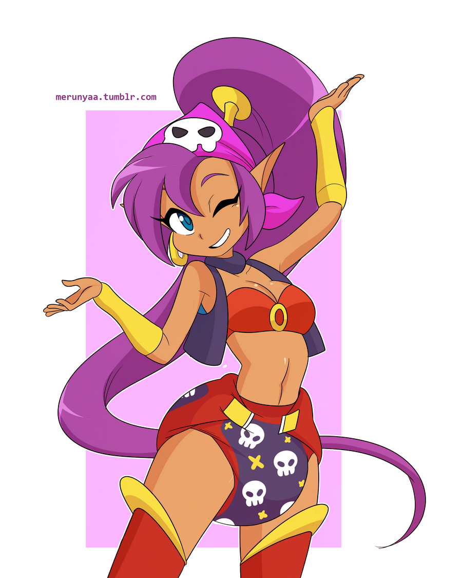 1girls bandana bra diaper earrings female female_only genie half_genie leggings long_hair merunyaa ponytail purple_hair red_bra red_leggings shantae shantae_(character) shantae_and_the_pirate's_curse skull_bandana solo vest